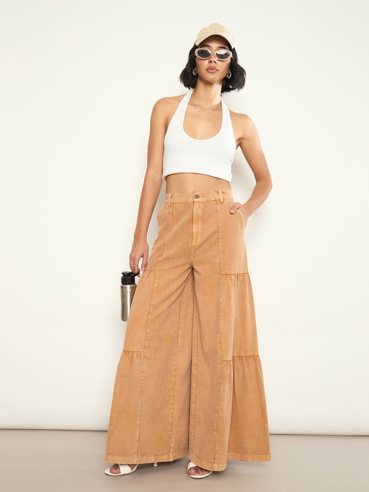Beige Overdyed Front Gathered Flared Jeans-SASSAFRAS