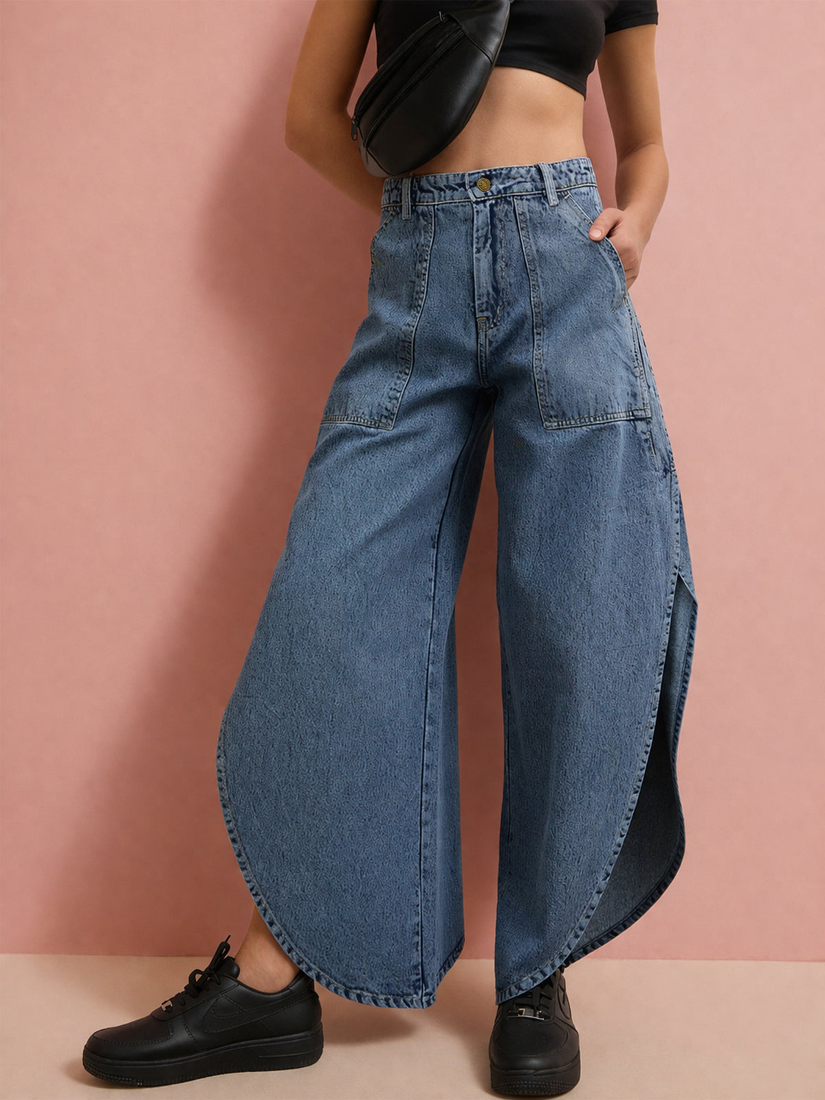 Blue Blast Washed Curve Detail Barrel Jeans-SASSAFRAS