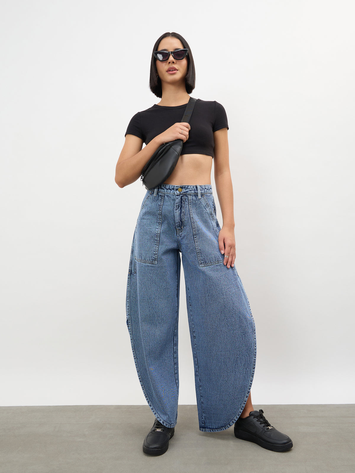 Blue Blast Washed Curve Detail Barrel Jeans-SASSAFRAS