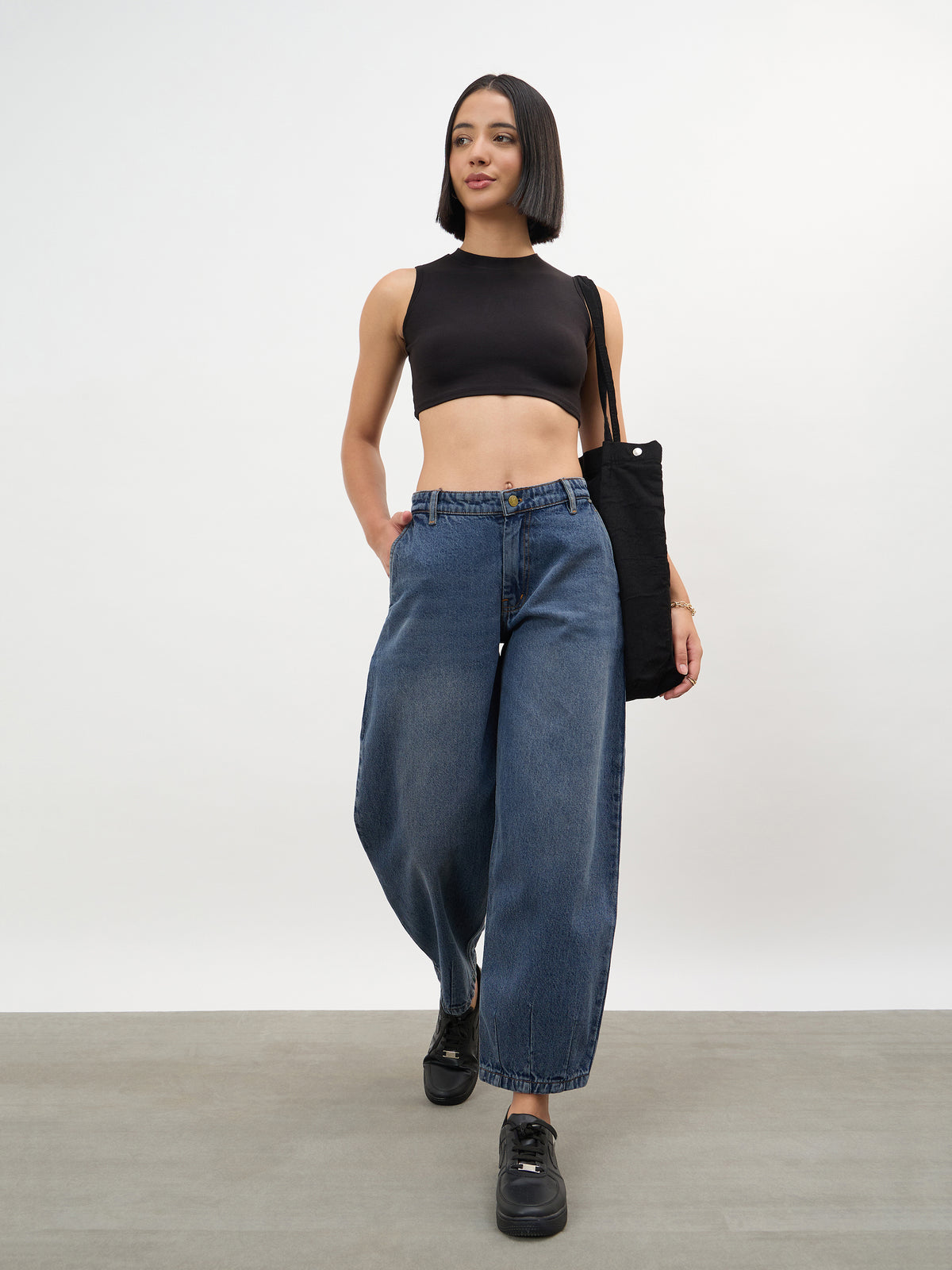 Navy Acid Wash Mid Rise Slouchy Fit Jeans -SASSAFRAS