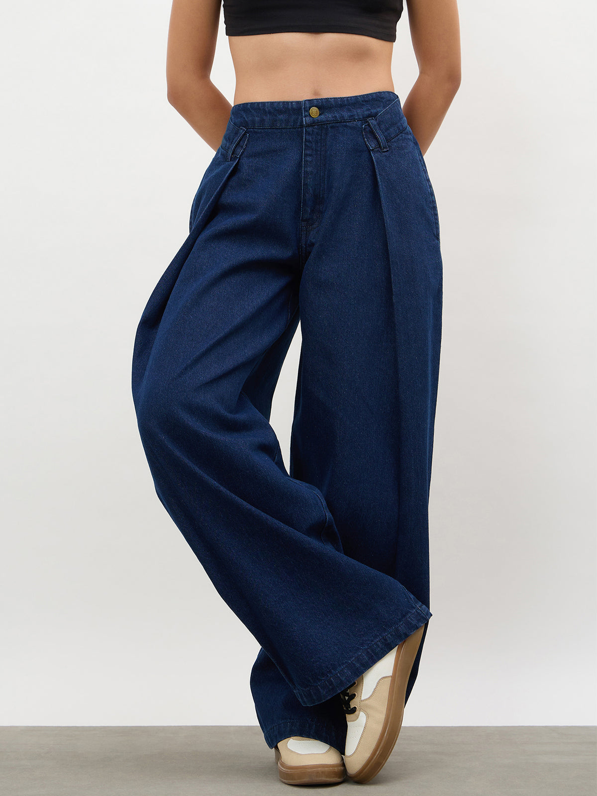 Navy Overlap Pleated Mid Rise Jeans-SASSAFRAS