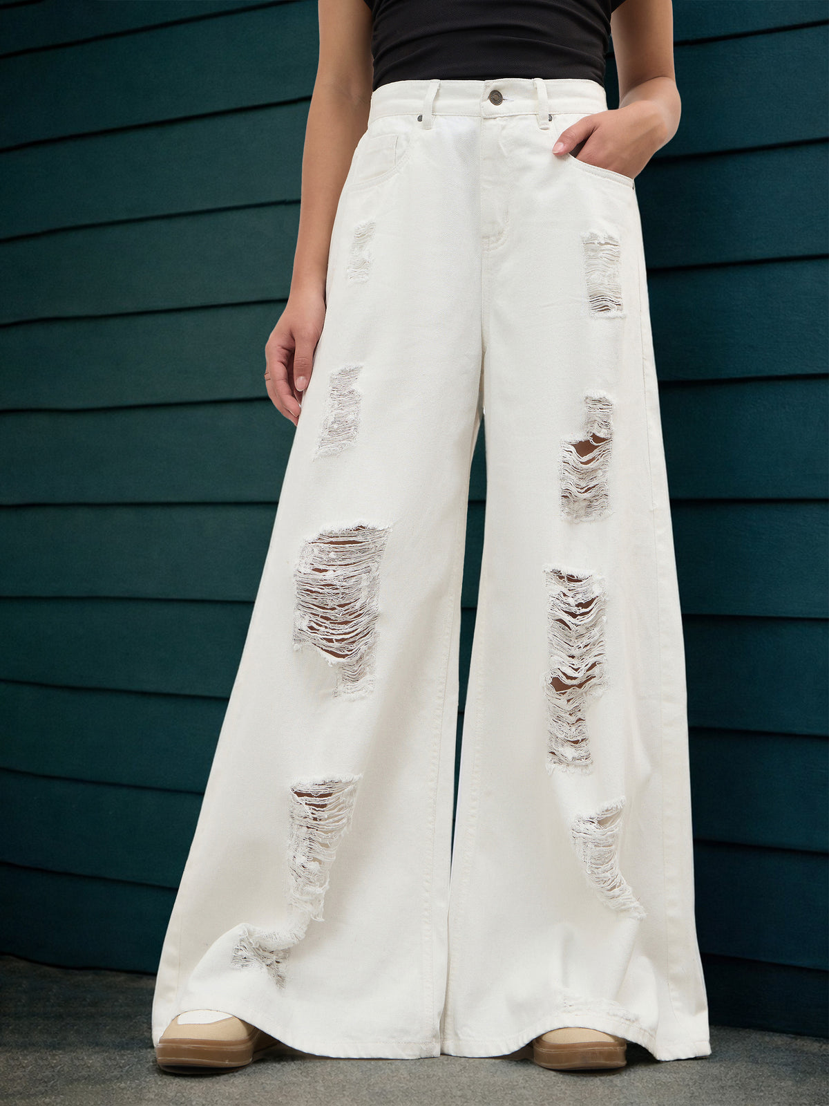 White Denim Flared Distressed Jeans-SASSAFRAS