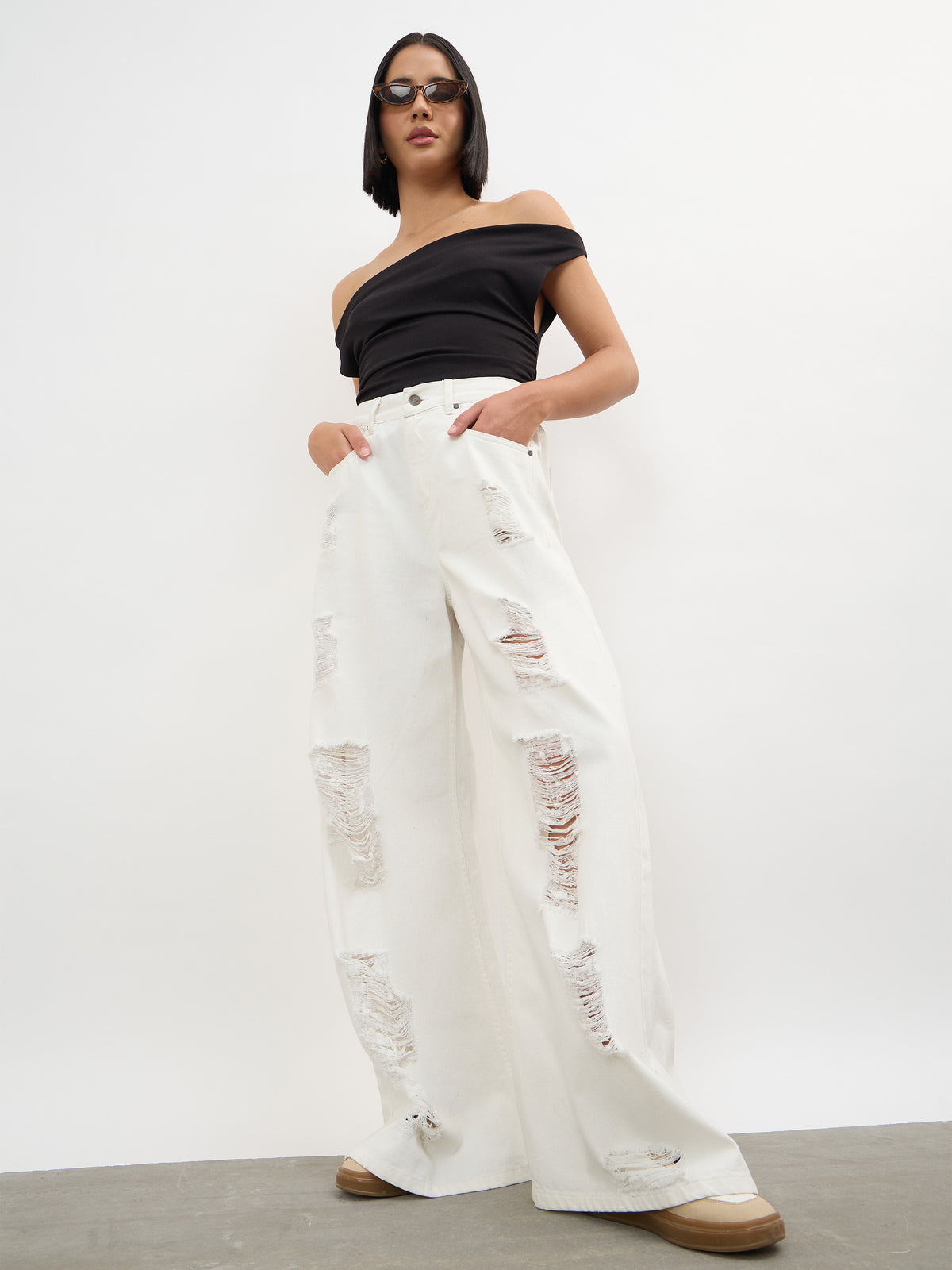 White Denim Flared Distressed Jeans-SASSAFRAS