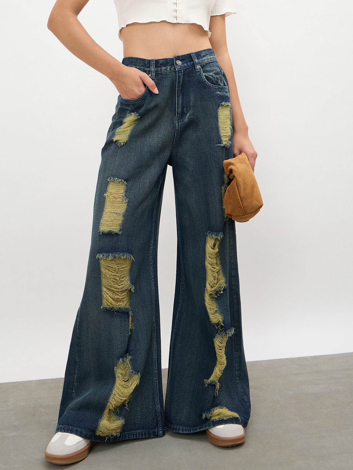 Navy Acid Wash Denim Flared Distressed Jeans-SASSAFRAS