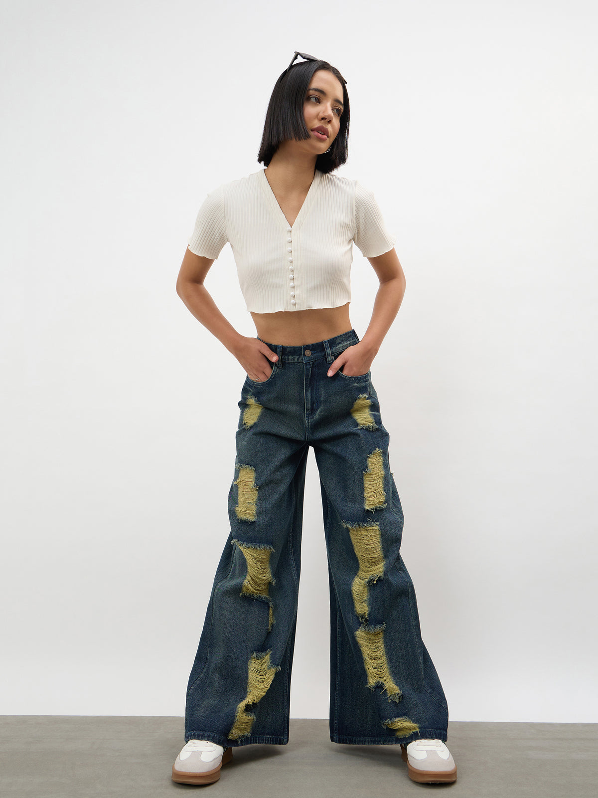 Navy Acid Wash Denim Flared Distressed Jeans-SASSAFRAS