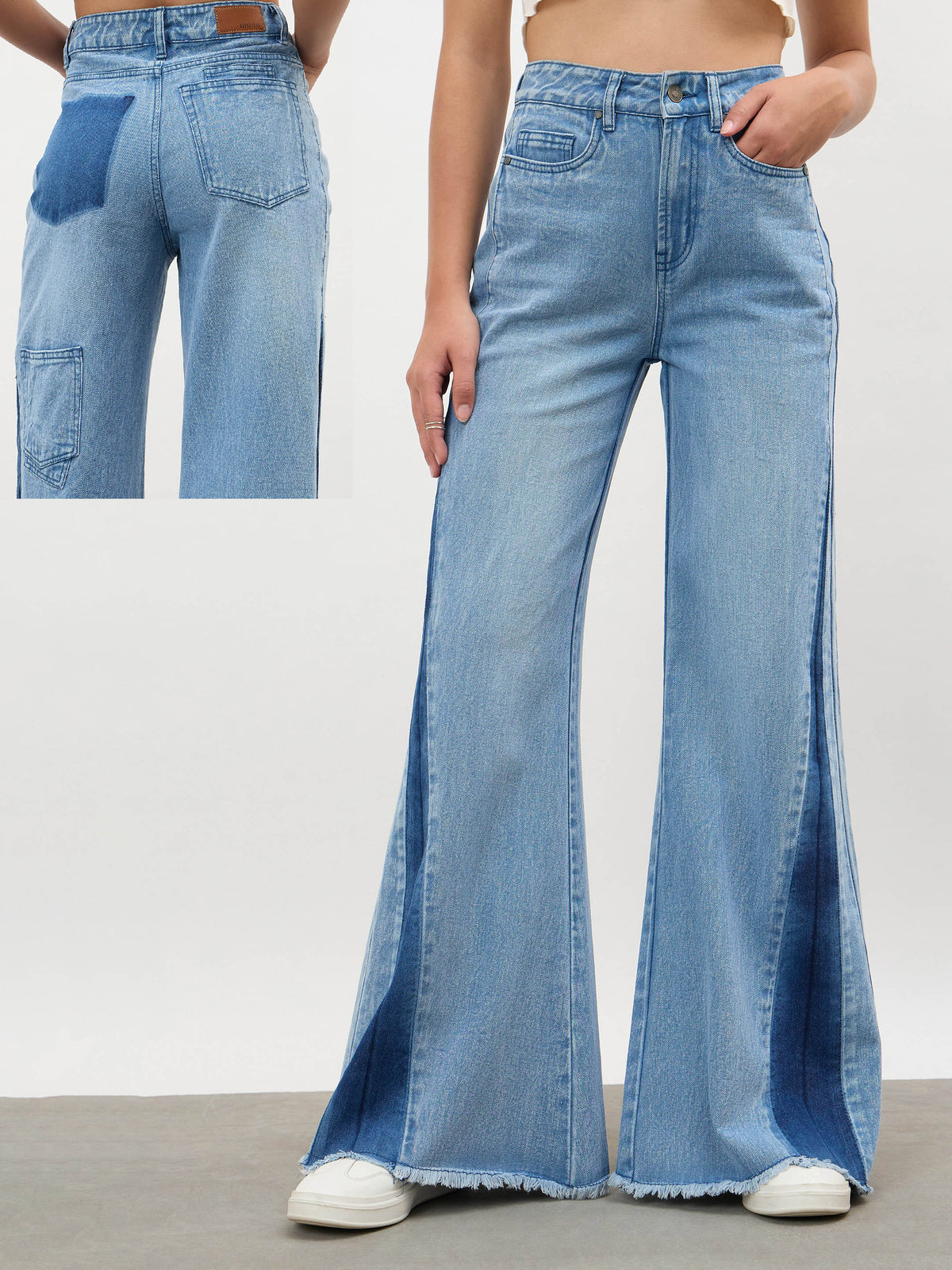Blue Blast Side Colour Blocking Flared Jeans-SASSAFRAS