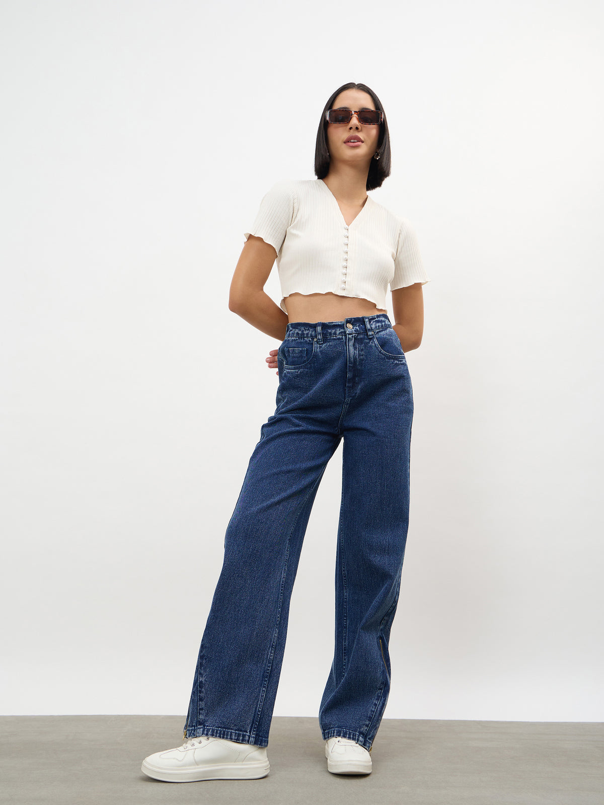 Navy Hem Zipper Straight Jeans-SASSAFRAS