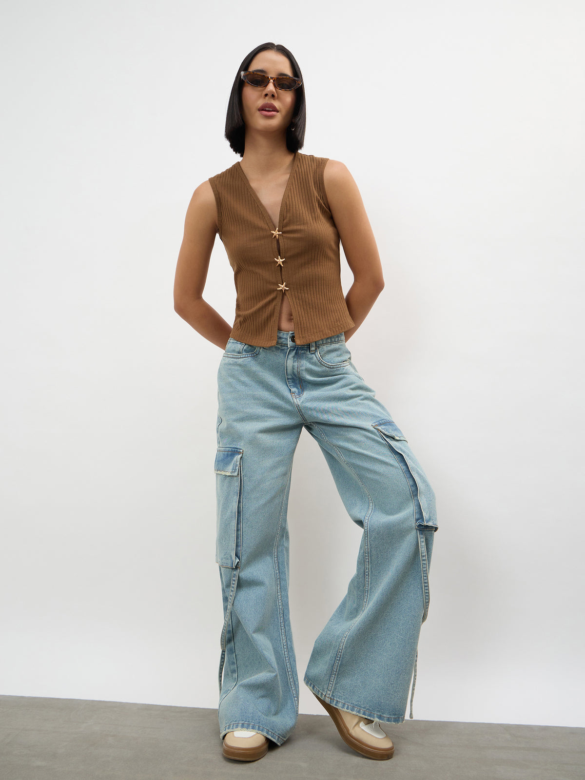 Ice Blue Loop Detail Cargo Jeans-SASSAFRAS
