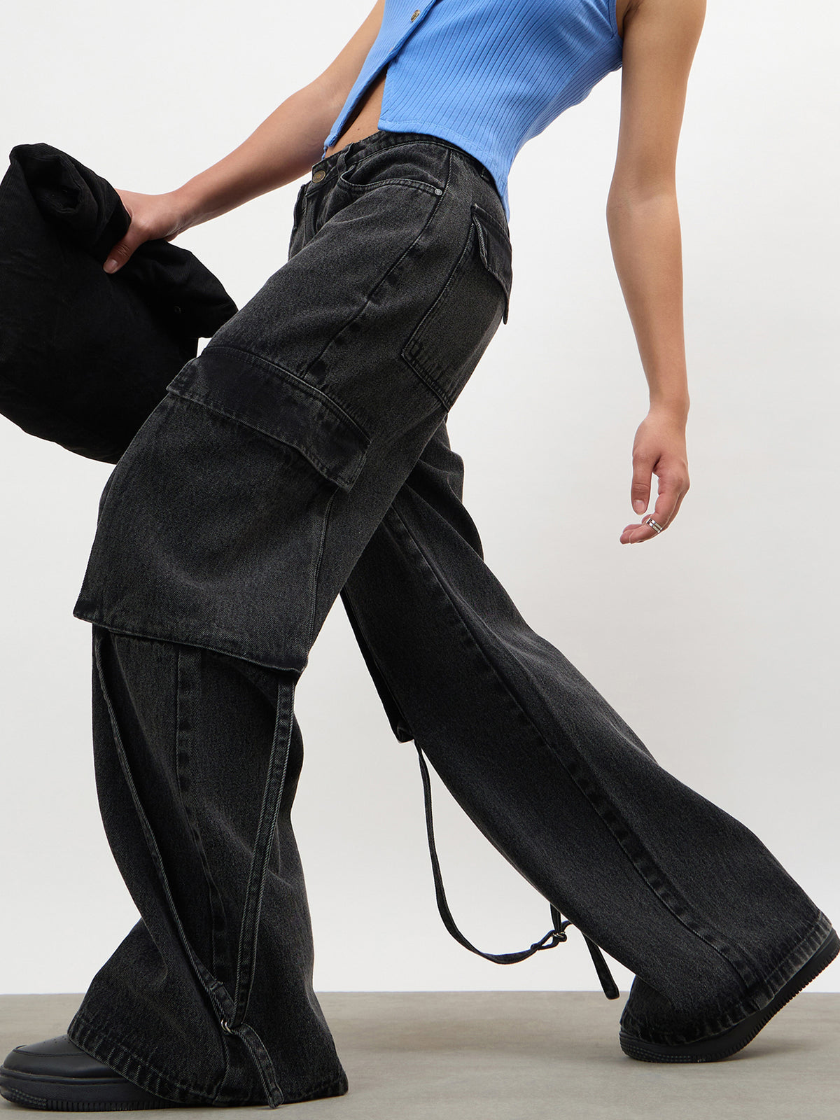Black Wash Loop Detail Cargo Jeans-SASSAFRAS