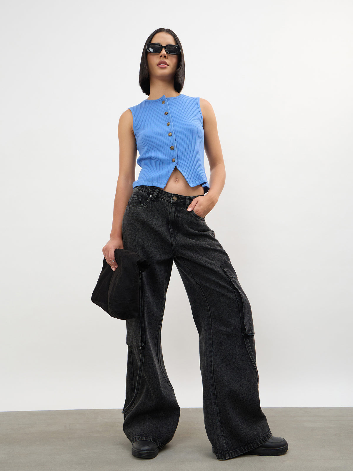 Black Wash Loop Detail Cargo Jeans-SASSAFRAS