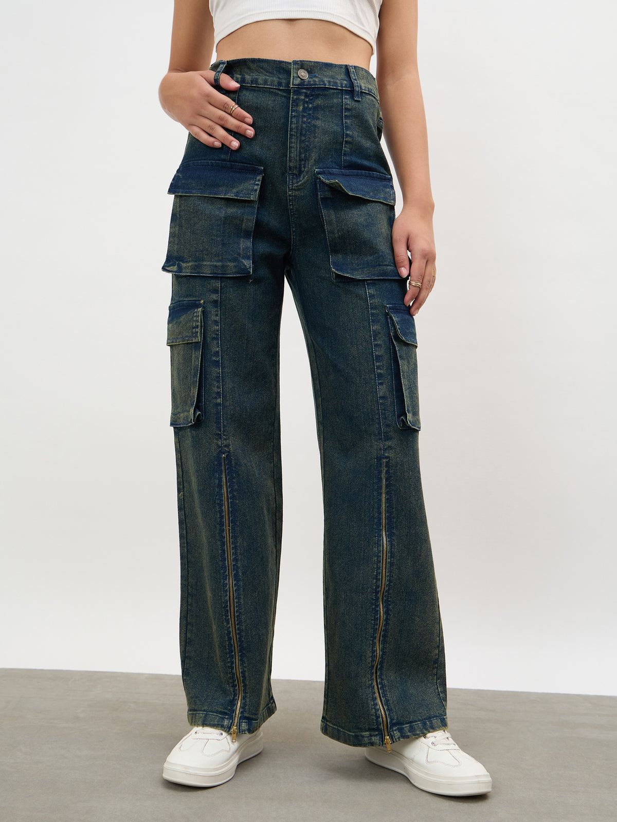 Navy Acid Wash Hem Zipper Cargo Straight Jeans-SASSAFRAS