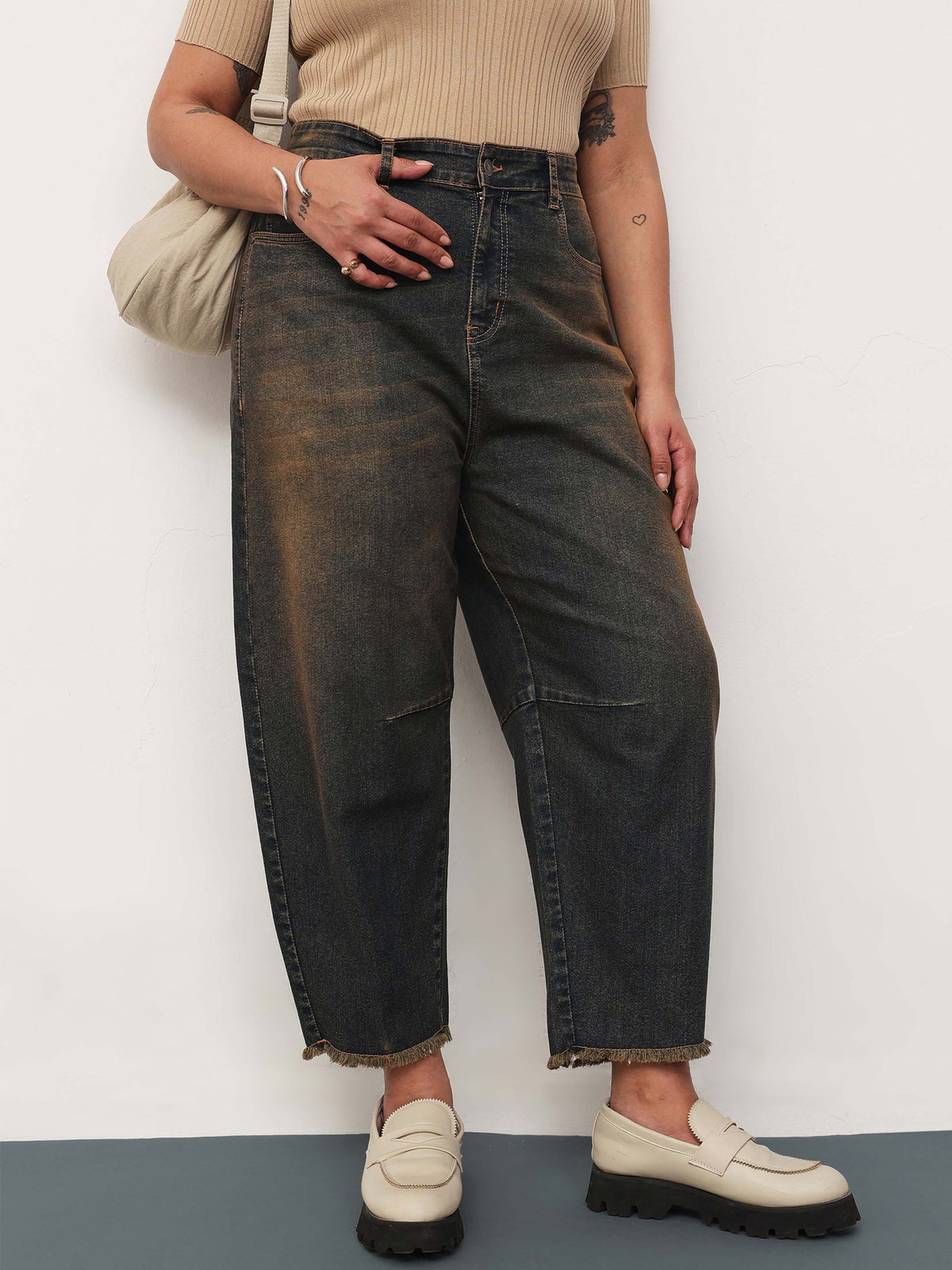 Blue Acid Wash Denim Raw Hem Basic Mom Fit Jeans-SASSAFRAS Curve