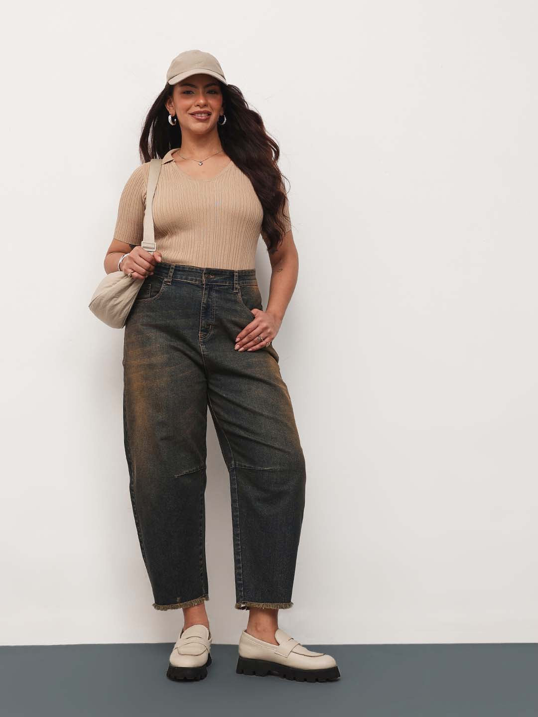 Blue Acid Wash Denim Raw Hem Basic Mom Fit Jeans-SASSAFRAS Curve