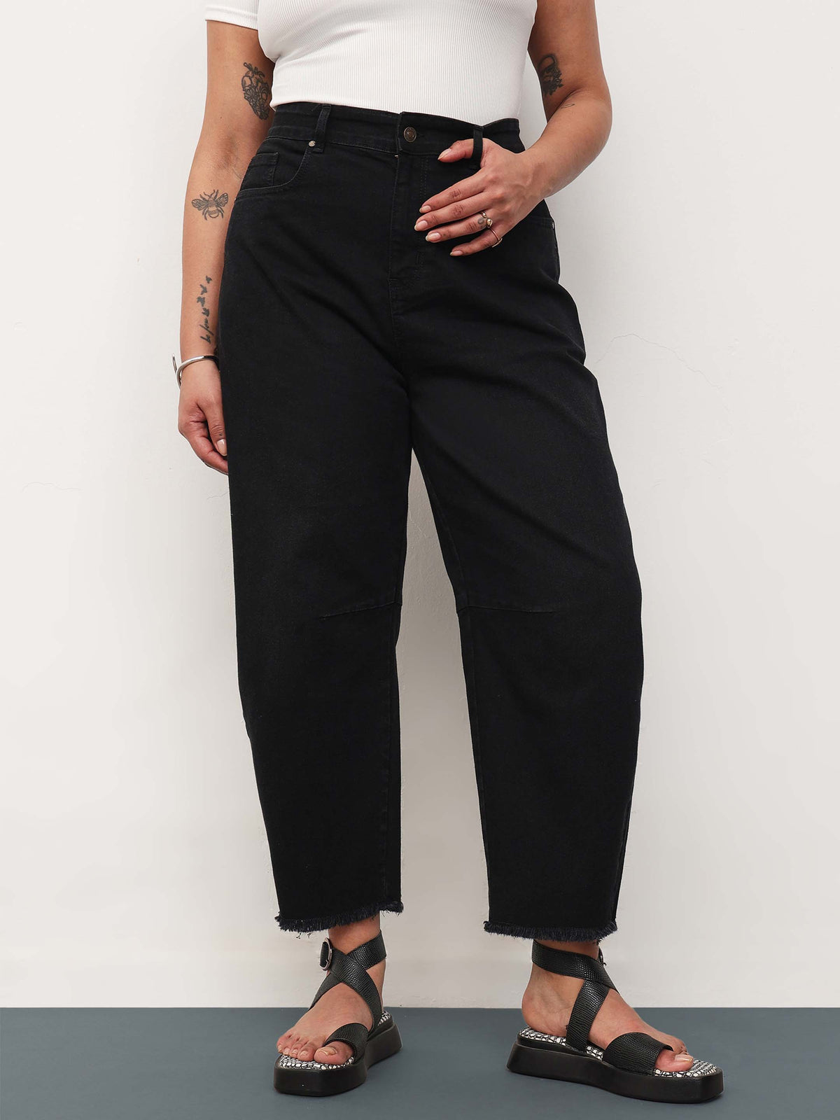 Jet Black Denim Raw Hem Basic Mom Fit Jeans-SASSAFRAS Curve