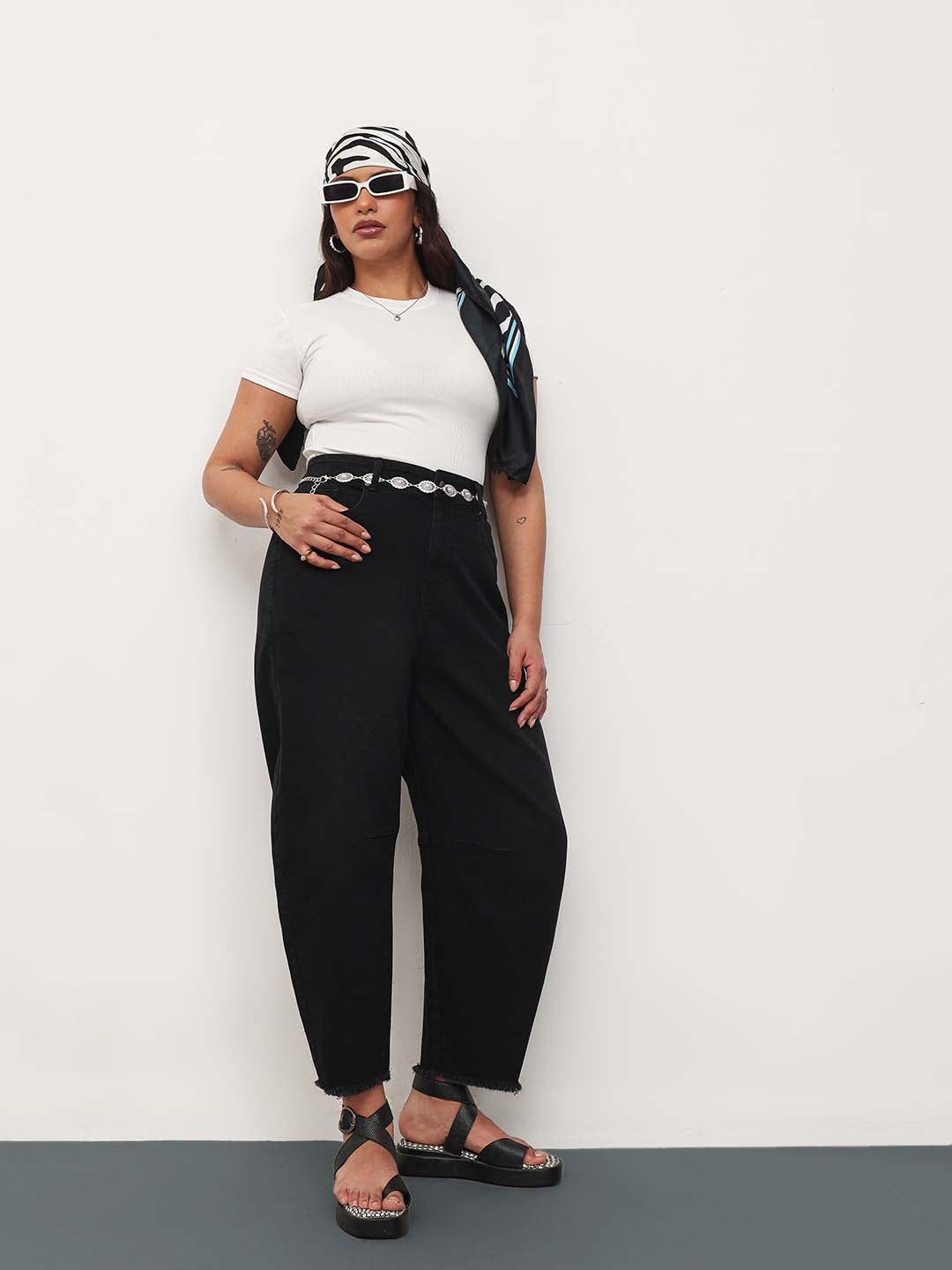 Jet Black Denim Raw Hem Basic Mom Fit Jeans-SASSAFRAS Curve