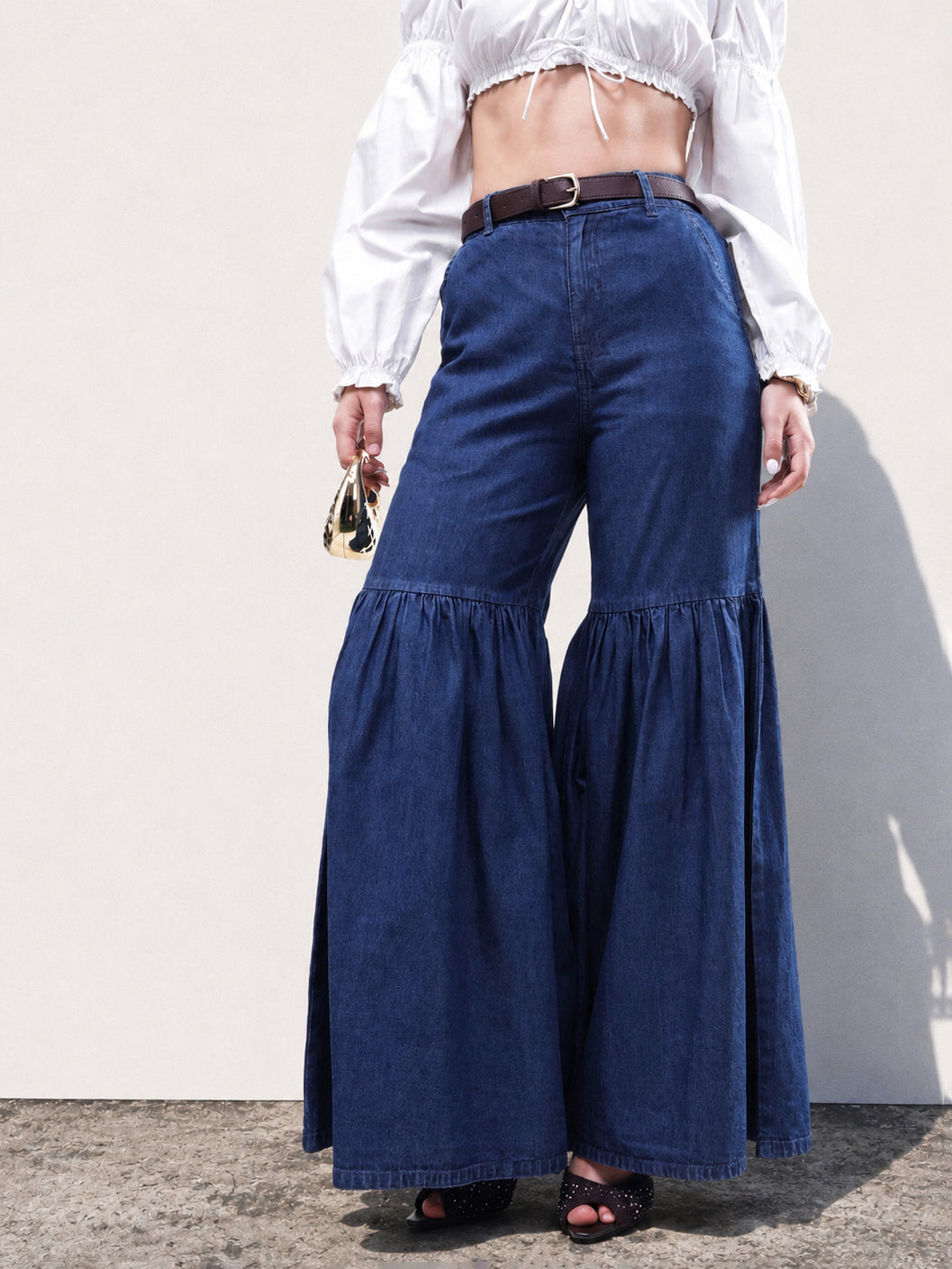 Blue Tencel Gathered High-Rise Jeans-SASSAFRAS