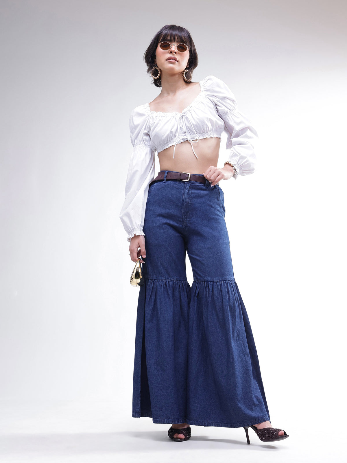 Blue Tencel Gathered High-Rise Jeans-SASSAFRAS
