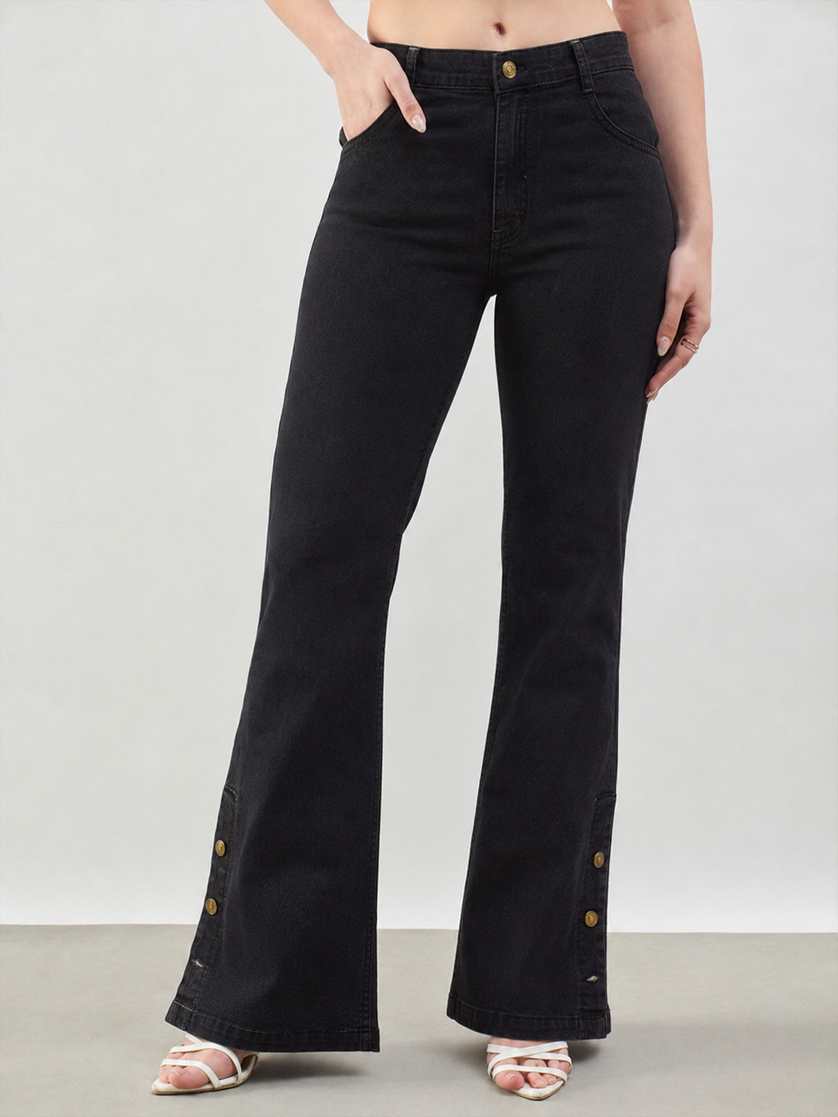 Jet Black Button-at-Hem Boot Cut Jeans-SASSAFRAS BASICS