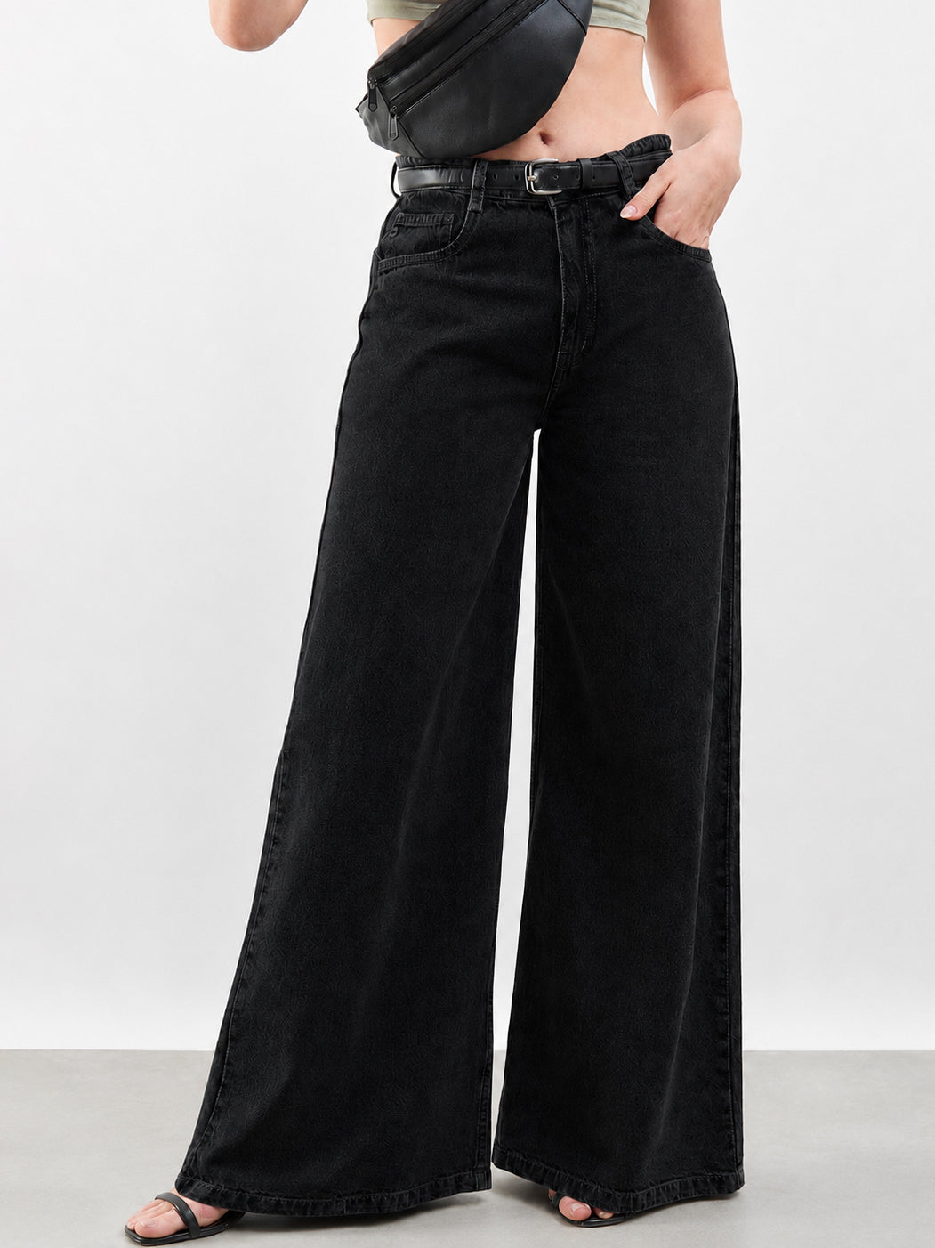 Jet Black Low Waist Wide Leg Jeans -SASSAFRAS BASICS