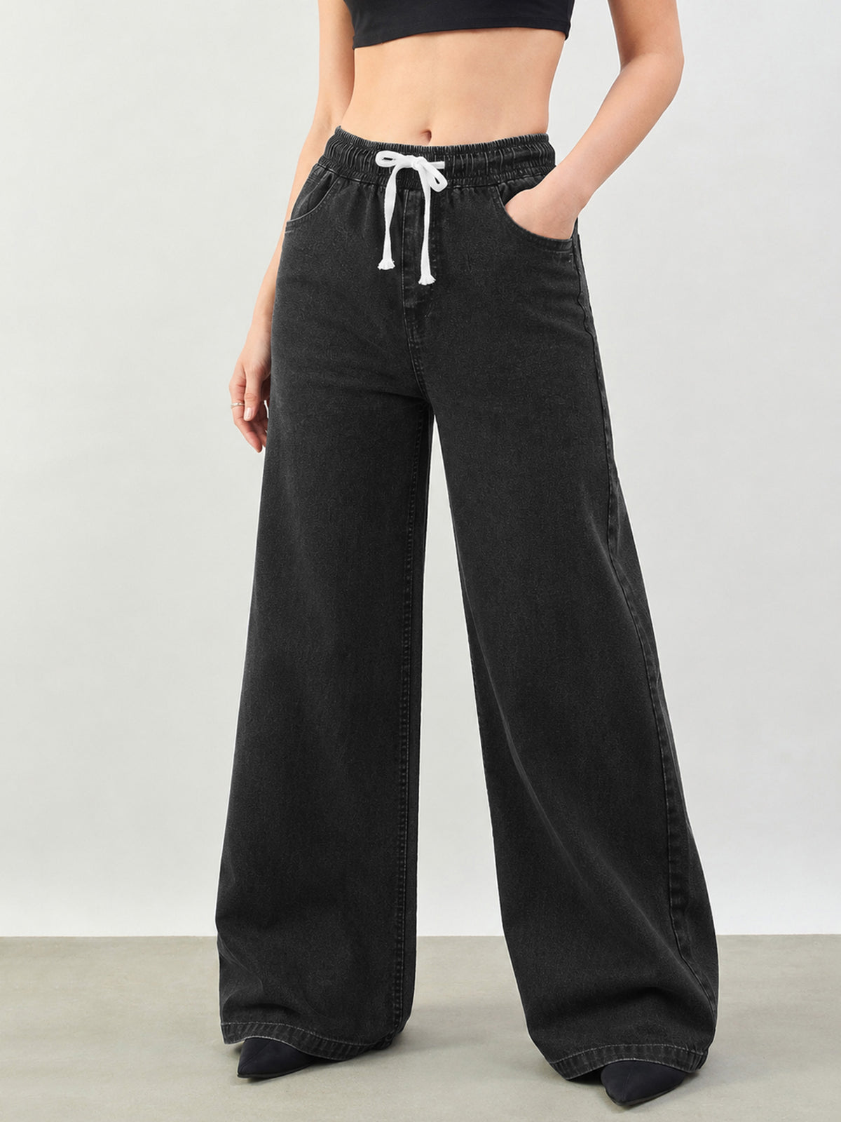 Black Baggy Drawstring Jeans-SASSAFRAS BASICS