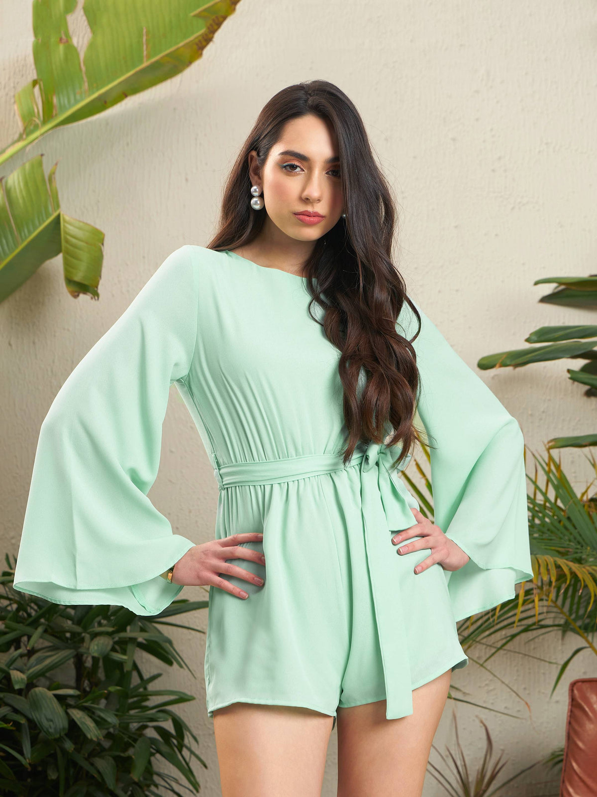 Sea Green Back Cut-Out Playsuit-SASSAFRAS