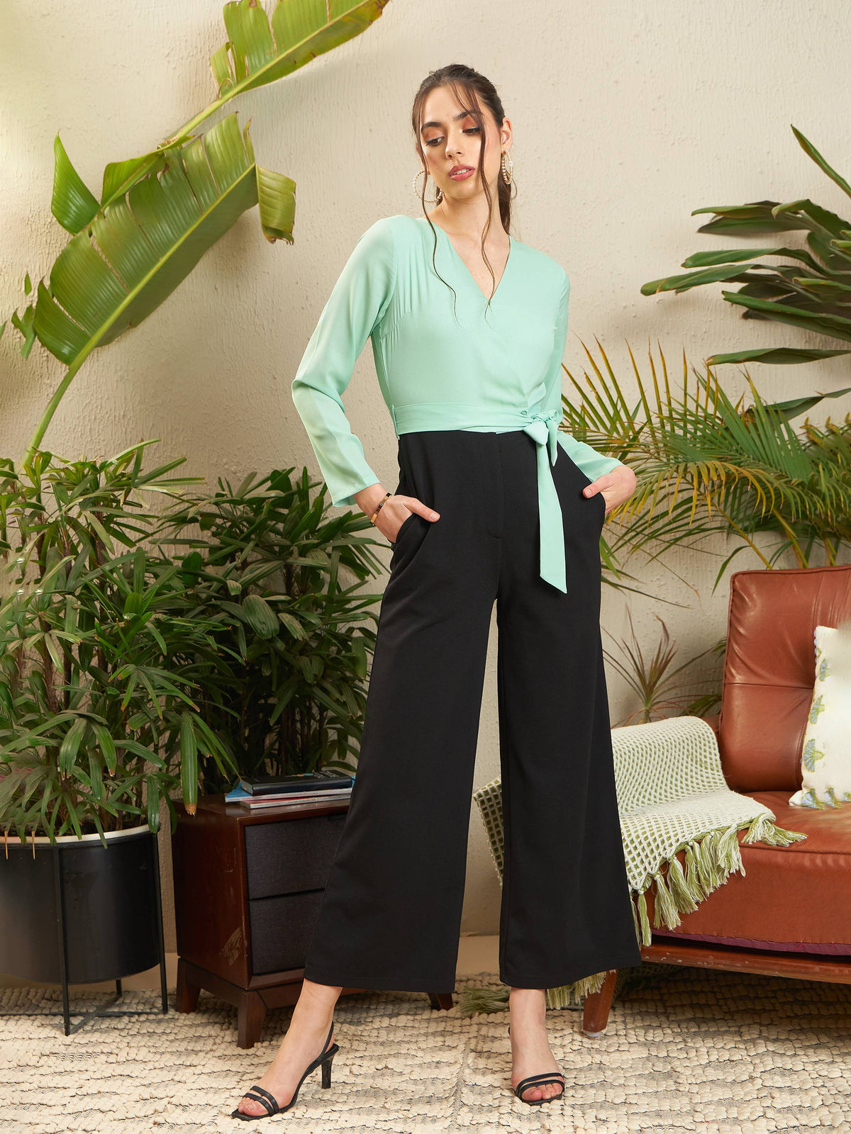 Sea Green & Black V Neck Belted Wrap Jumpsuit-SASSAFRAS