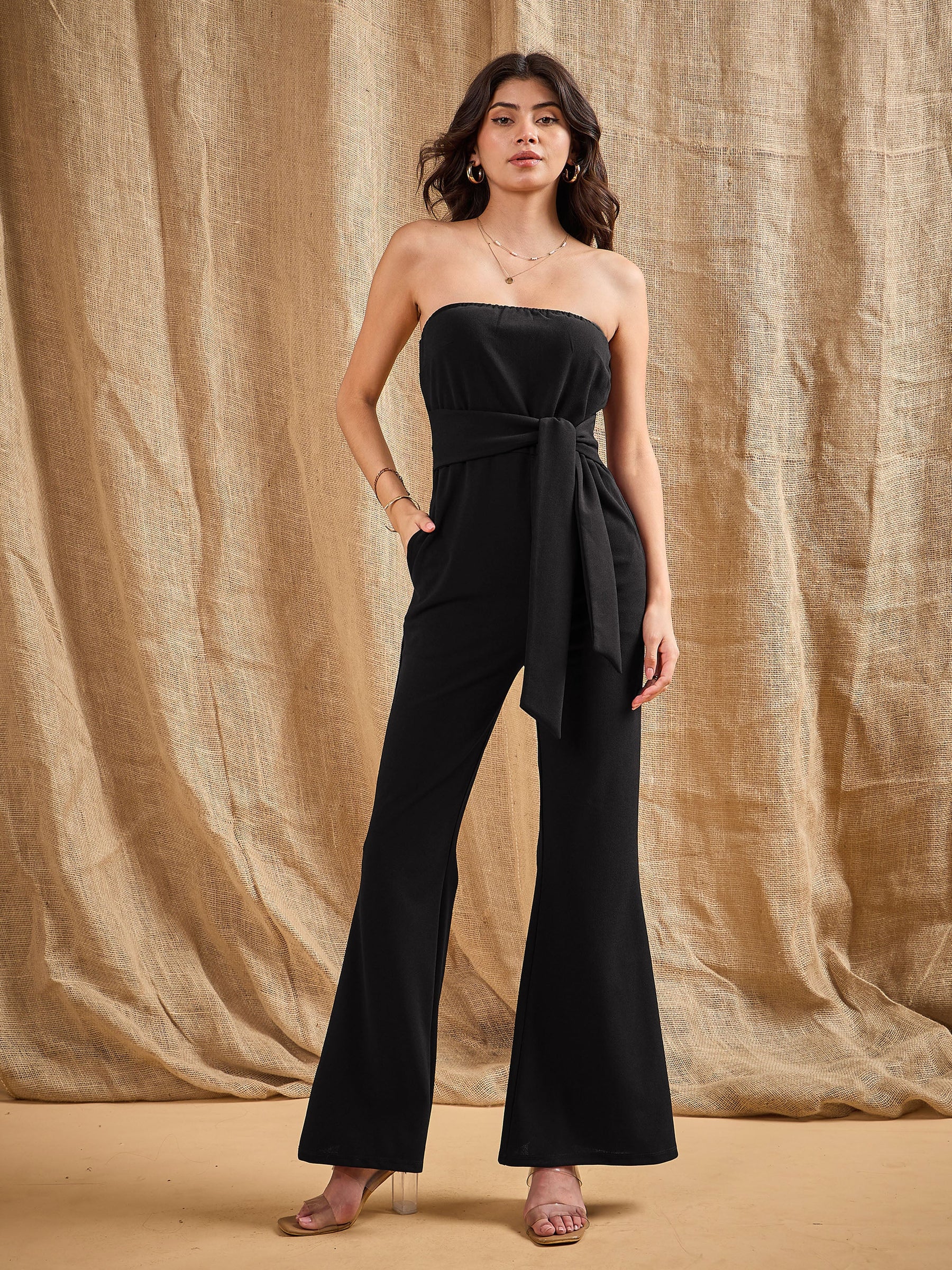 Black Off-Shoulder Belted Jumpsuit -SASSAFRAS