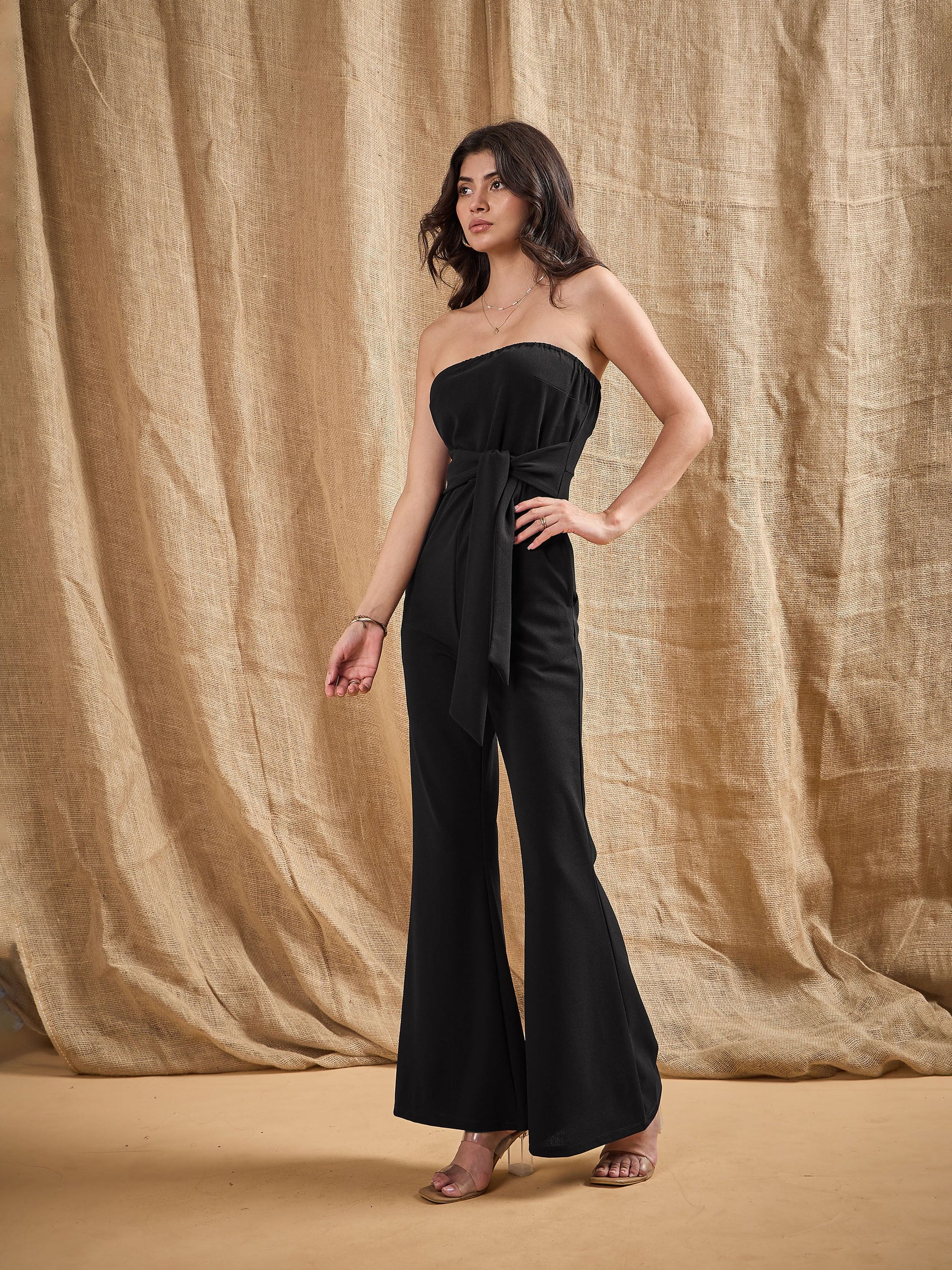 Black Off-Shoulder Belted Jumpsuit -SASSAFRAS