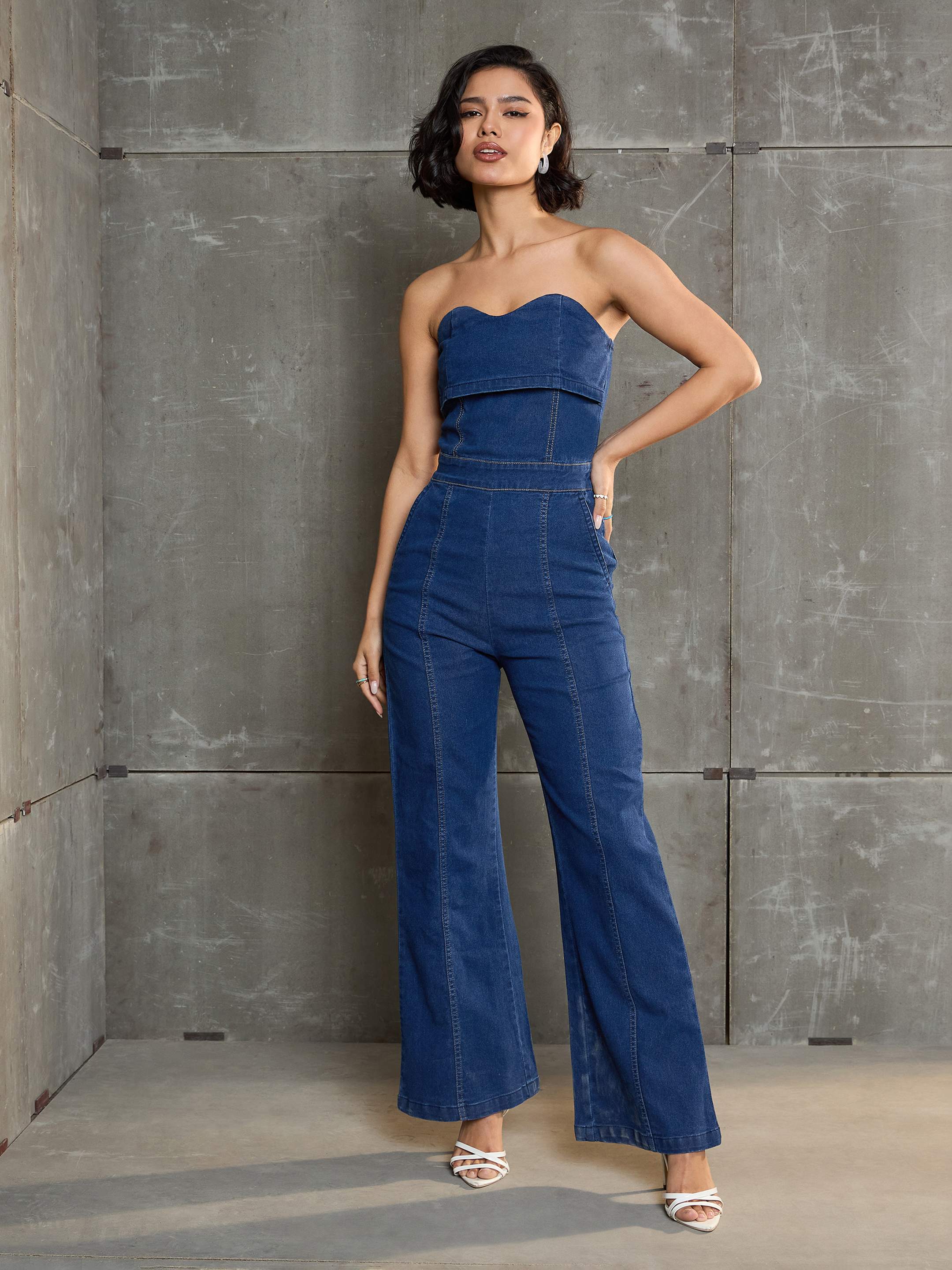 Women Navy Blue Denim Off Shoulder Jumpsuit - Main Image