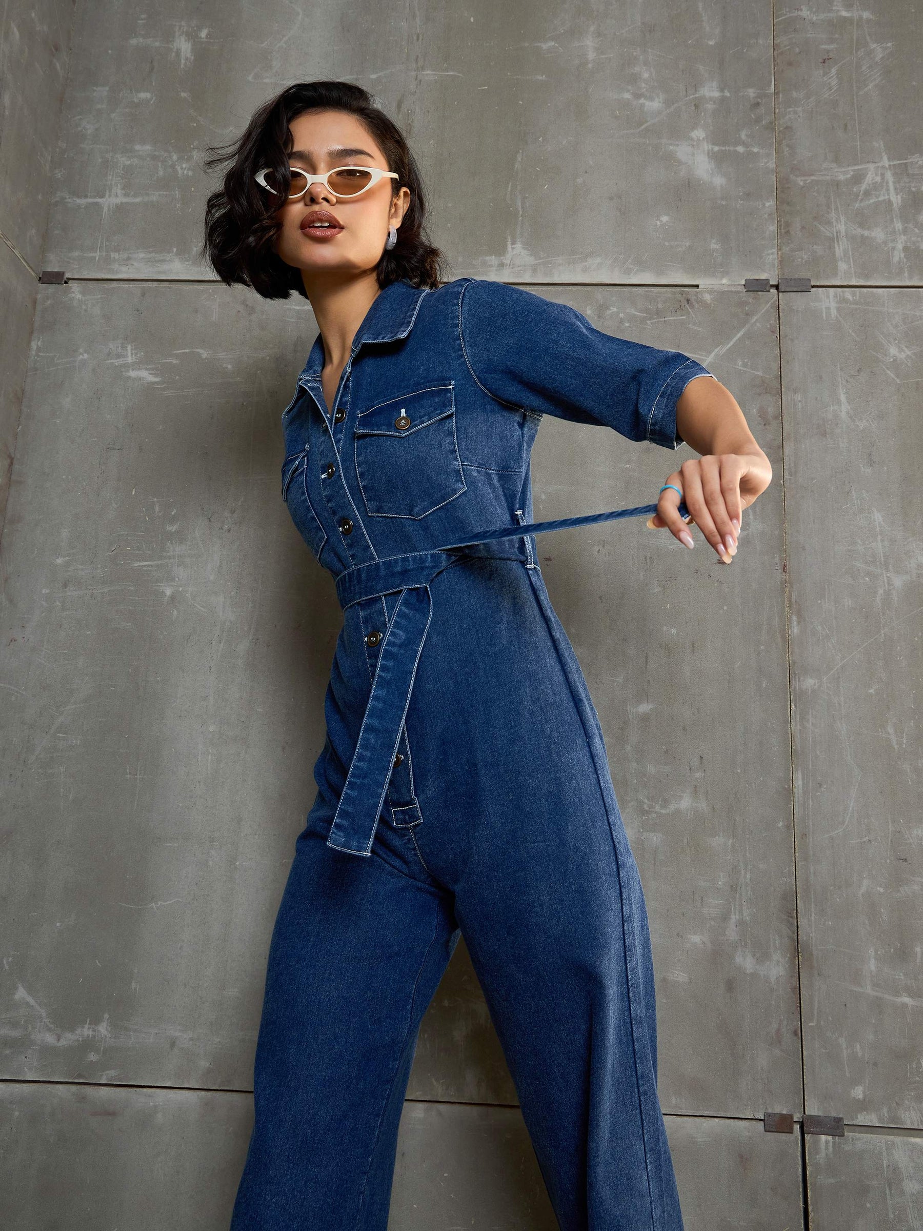 Blue Washed Denim Short Sleeve Jumpsuit-SASSAFRAS