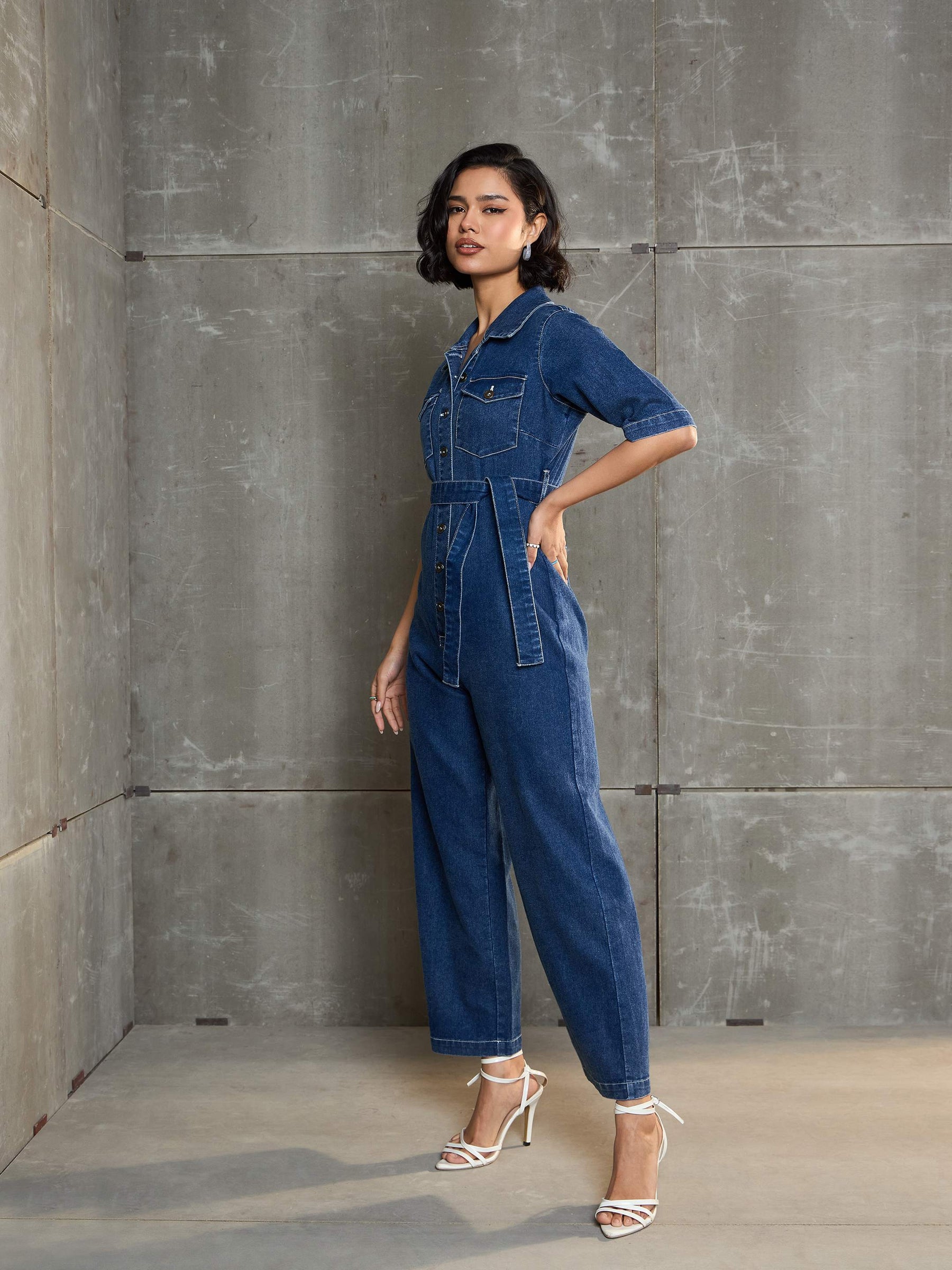 Blue Washed Denim Short Sleeve Jumpsuit-SASSAFRAS