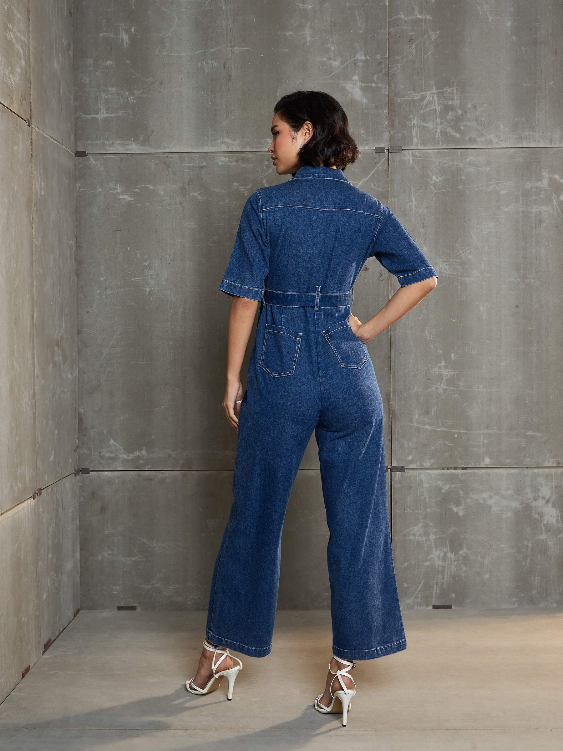Blue Washed Denim Short Sleeve Jumpsuit-SASSAFRAS