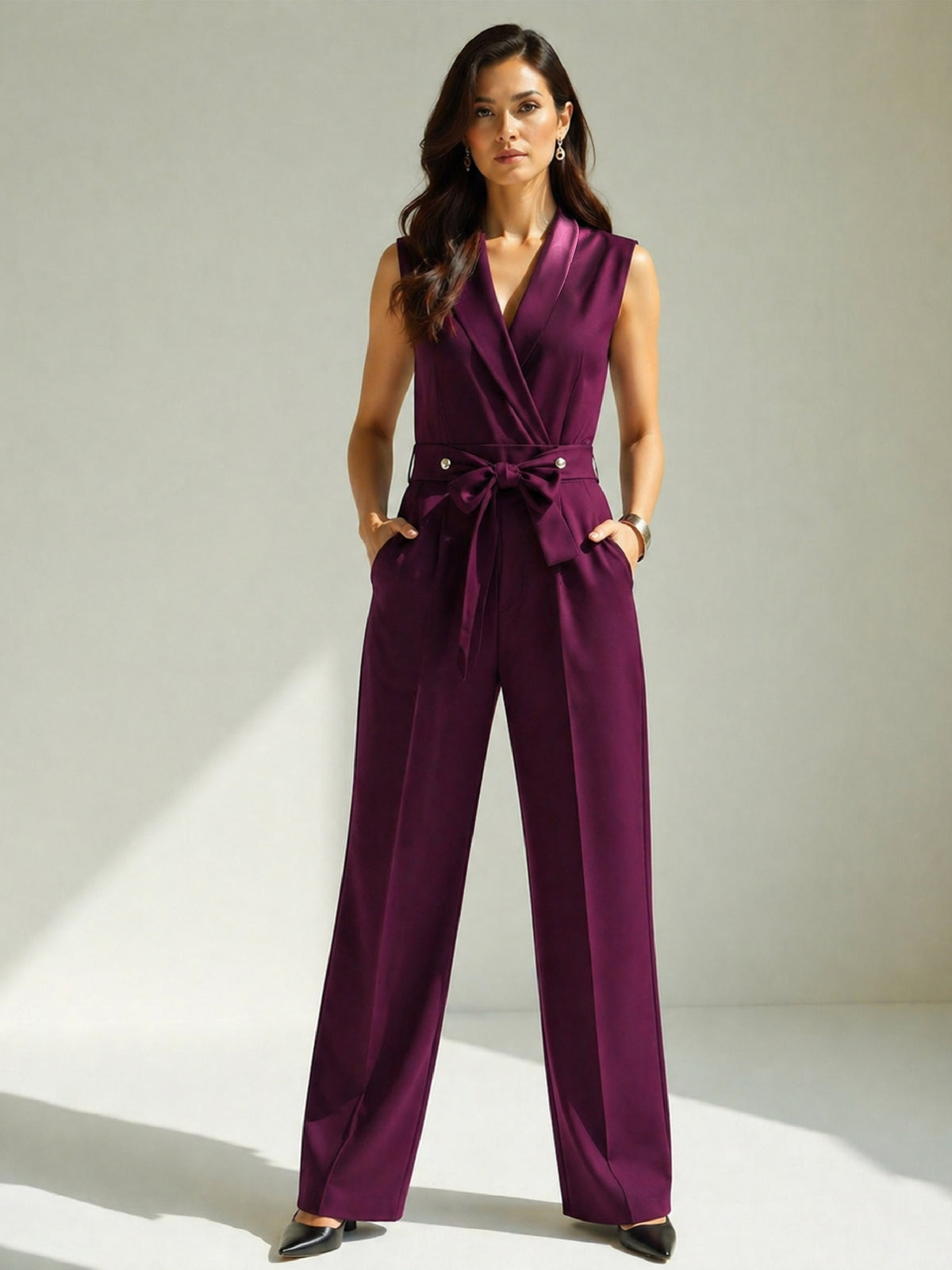 Women Purple Shawl Collar Front Tie Belted Jumpsuit