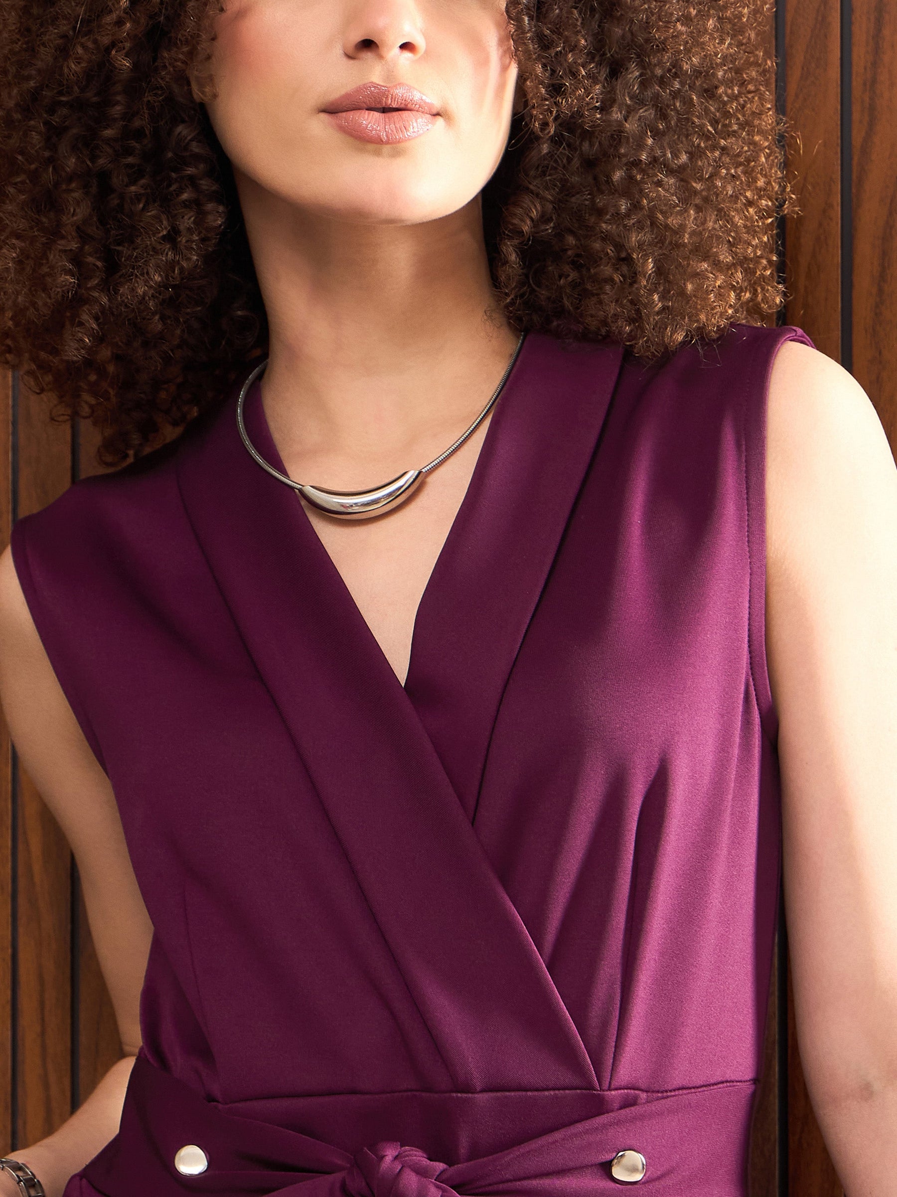 Purple Shawl Collar Front Tie Belted Jumpsuit-SASSAFRAS worklyf