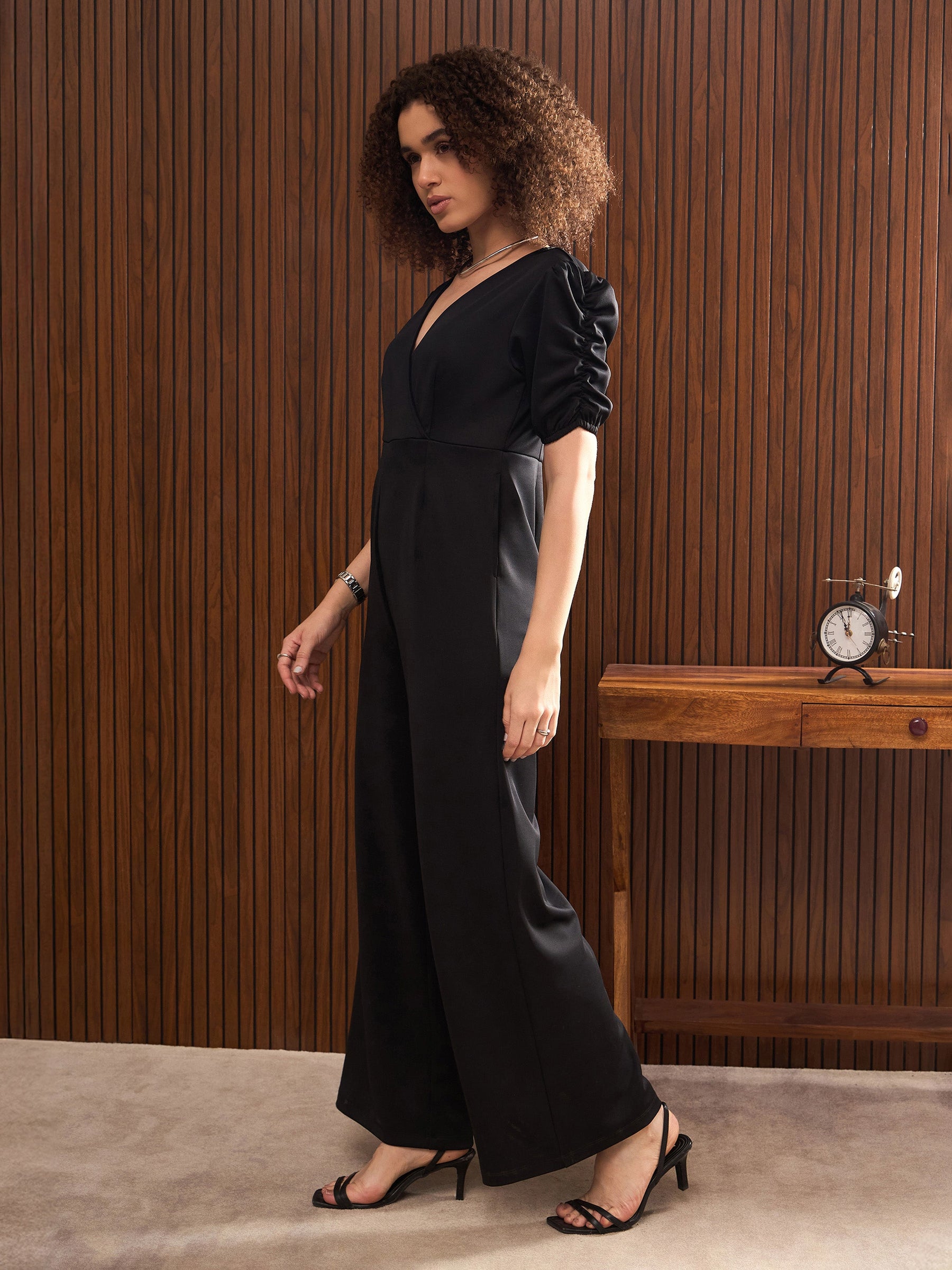 Black Side Pocket Puff Sleeves Jumpsuit-SASSAFRAS worklyf