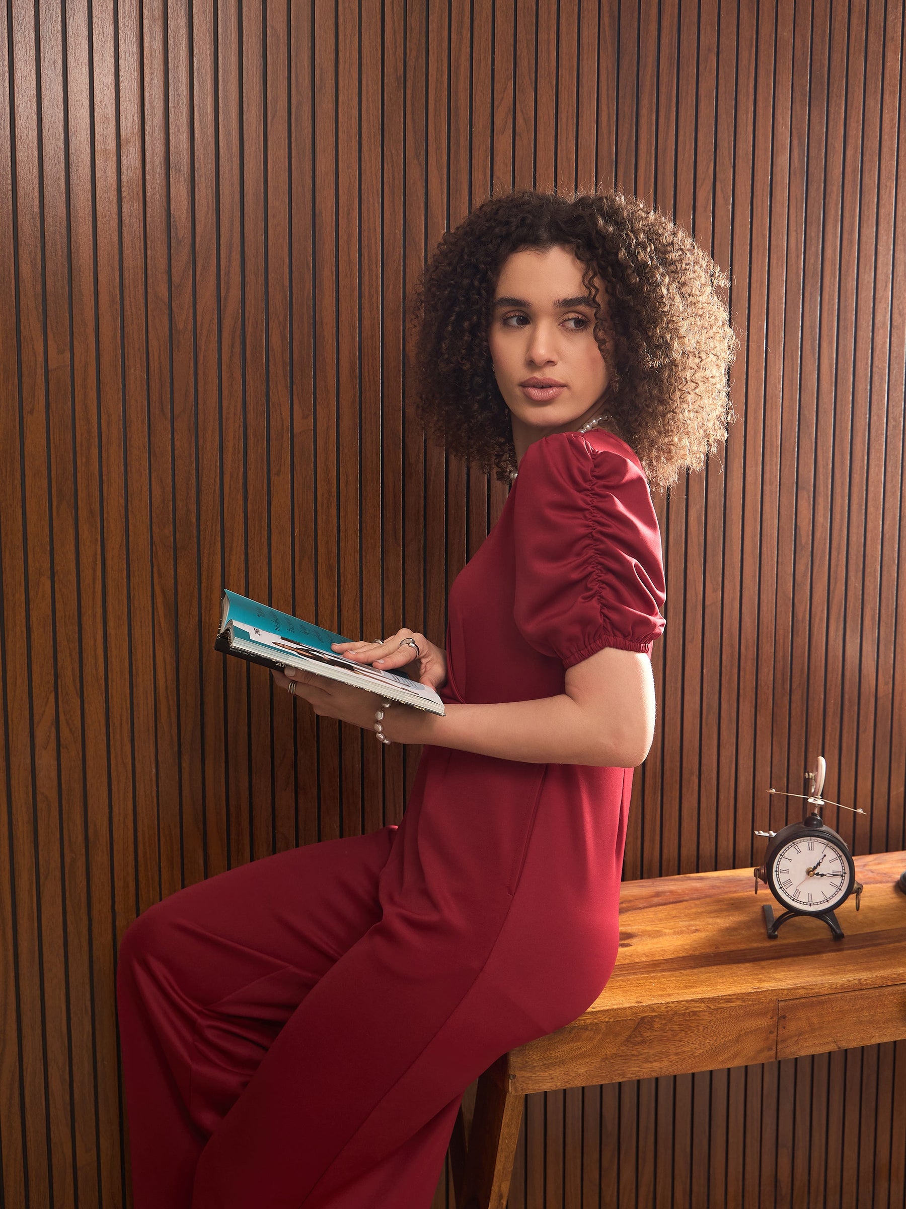 Maroon Side Pocket Puff Sleeves Jumpsuit-SASSAFRAS worklyf