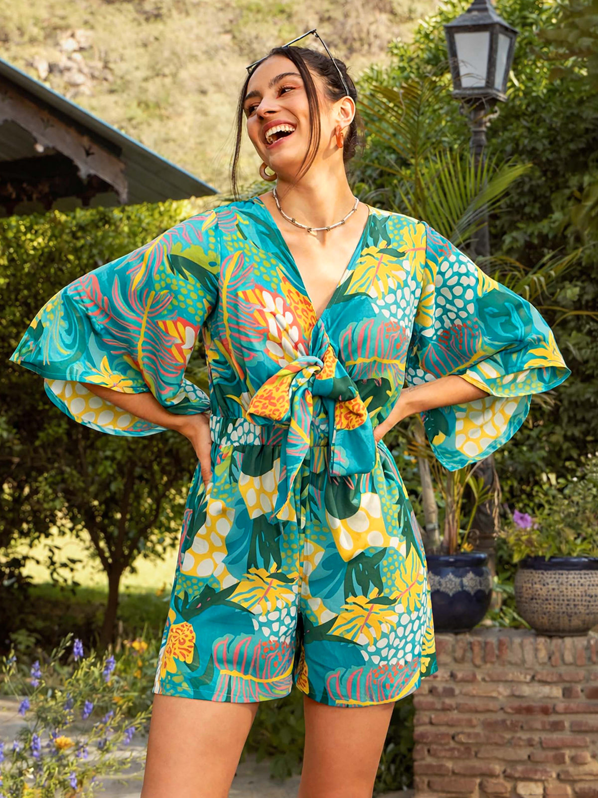 Green Floral Front Tie Knot Playsuit-SASSAFRAS