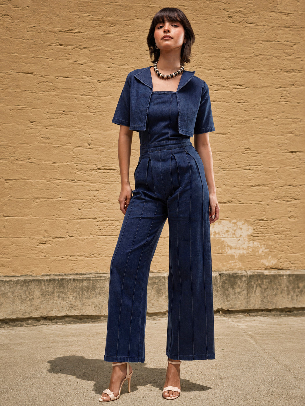Navy Denim Jumpsuit With Crop Jacket-SASSAFRAS
