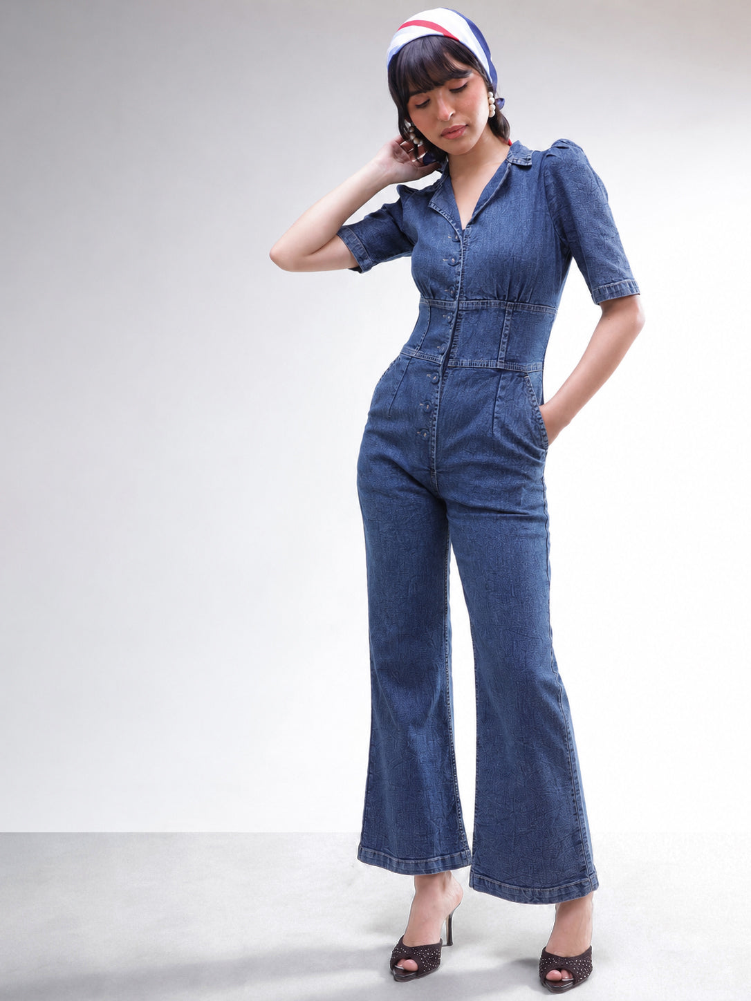 Blue Washed Denim Button Down Jumpsuit-SASSAFRAS