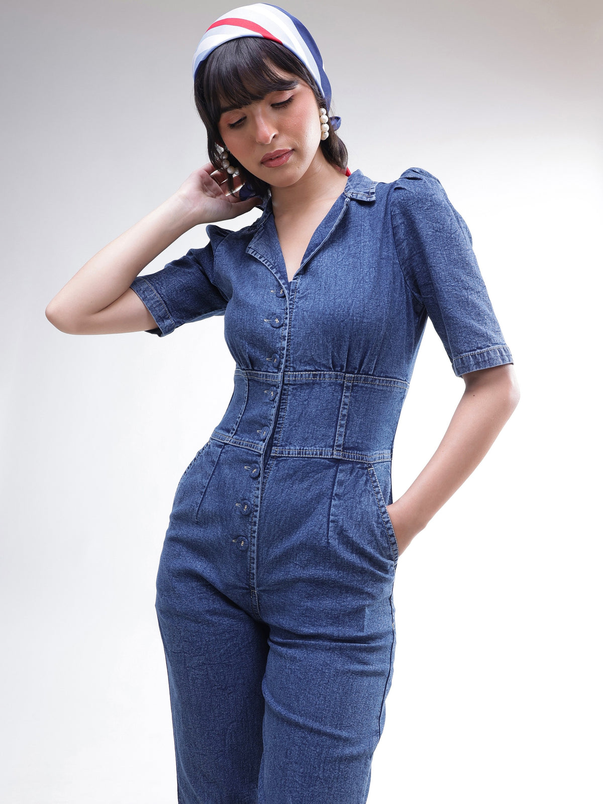 Blue Washed Denim Button Down Jumpsuit-SASSAFRAS