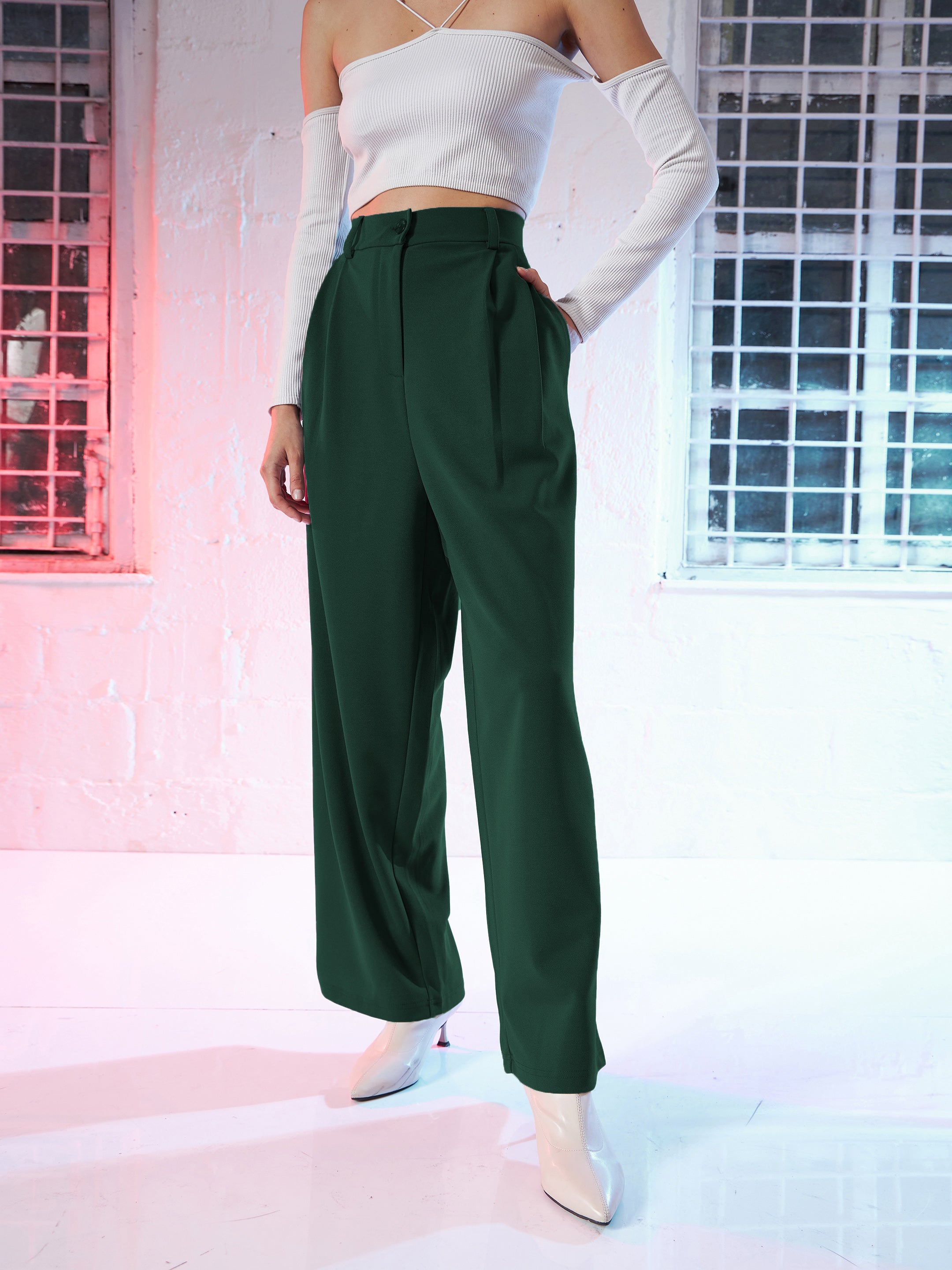 Buy Women Emerald Green Korean Pleated Loose Fit Pants Online at Best Price 