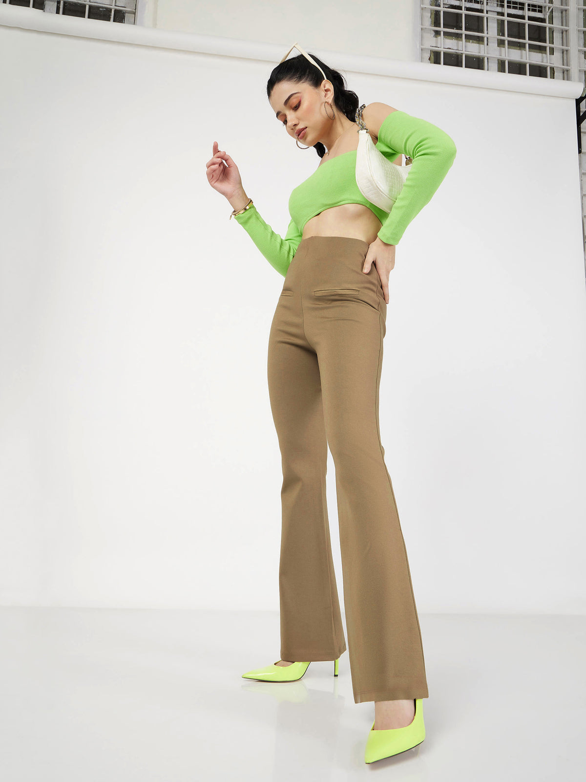 Women Beige Bone Pocket Bell Bottom Pants