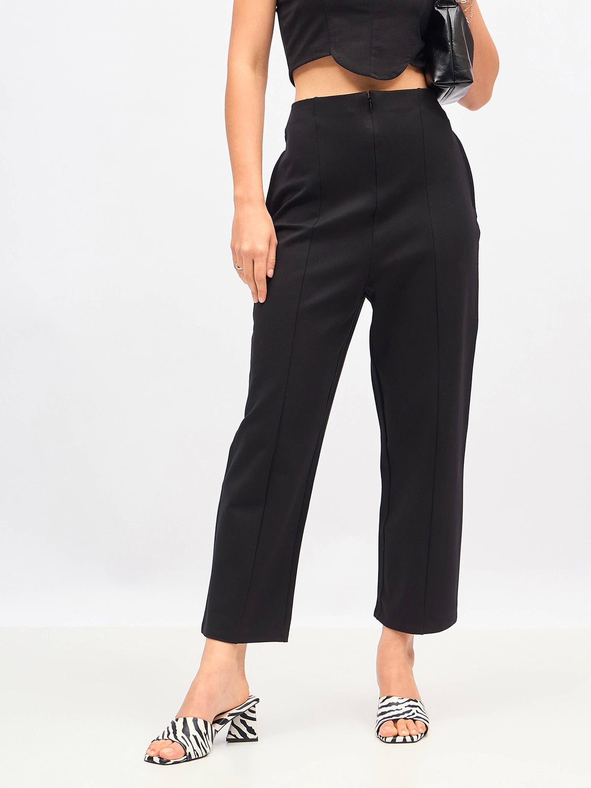 Black Front Darted High Waisted Pants-SASSAFRAS