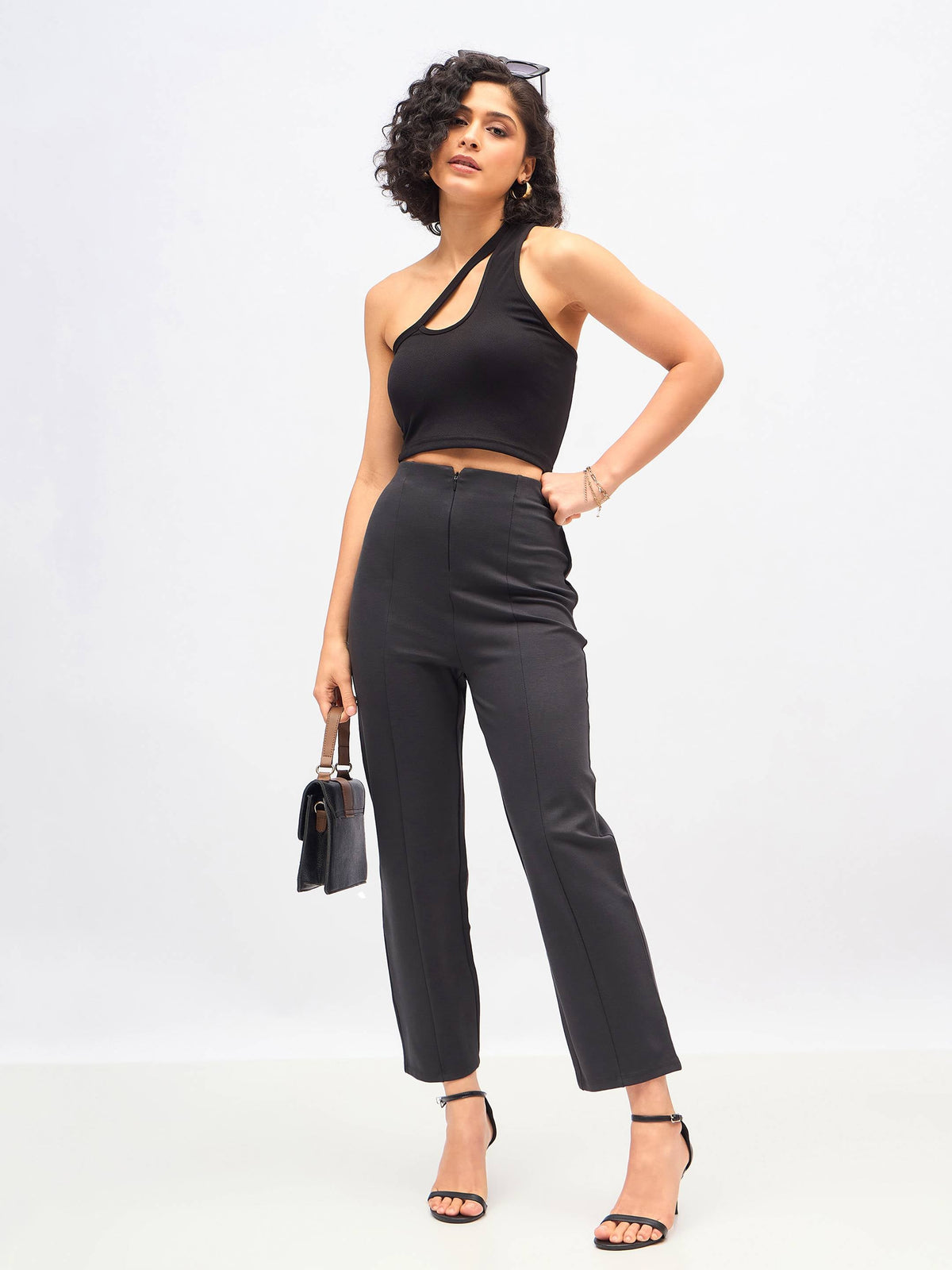 Dark Grey Front Darted High Waisted Pants-SASSAFRAS