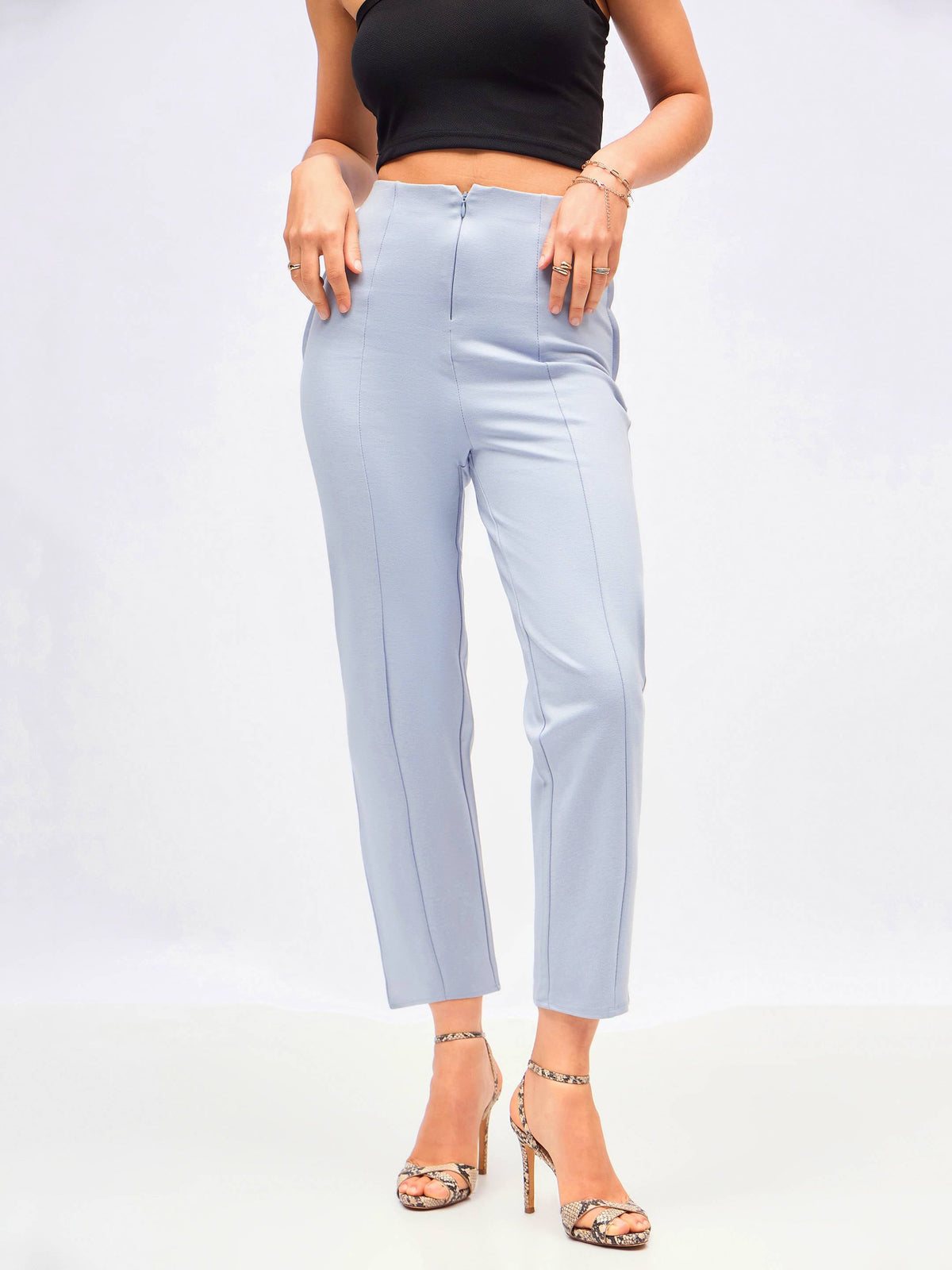 Dull Blue Front Darted High Waisted Pants-SASSAFRAS