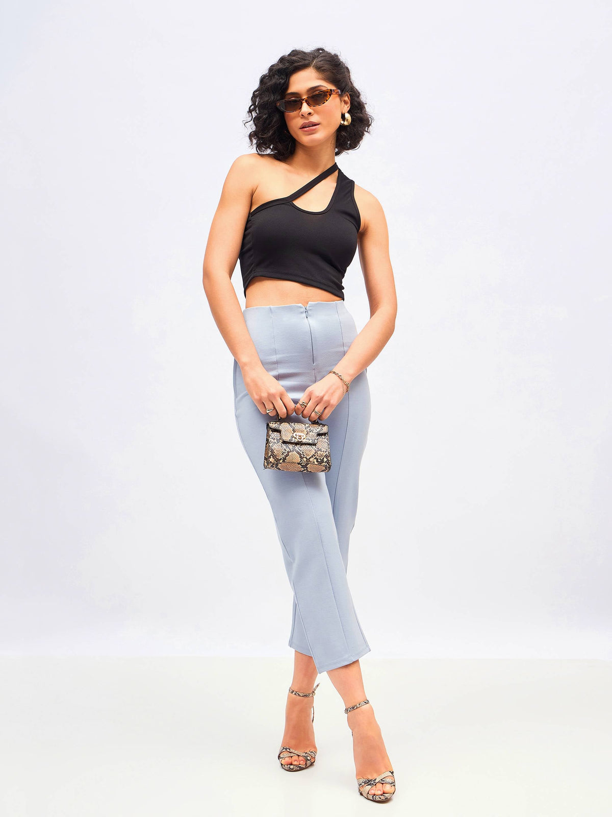 Dull Blue Front Darted High Waisted Pants-SASSAFRAS