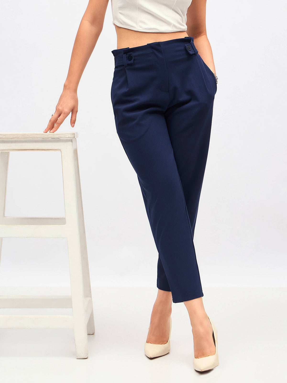 Navy Front Button Paperback Waist Pants-SASSAFRAS