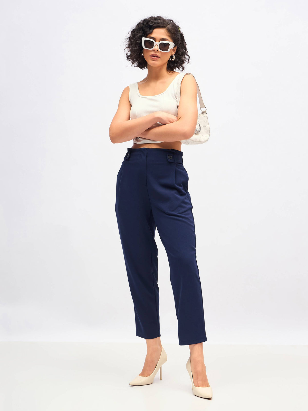 Navy Front Button Paperback Waist Pants-SASSAFRAS