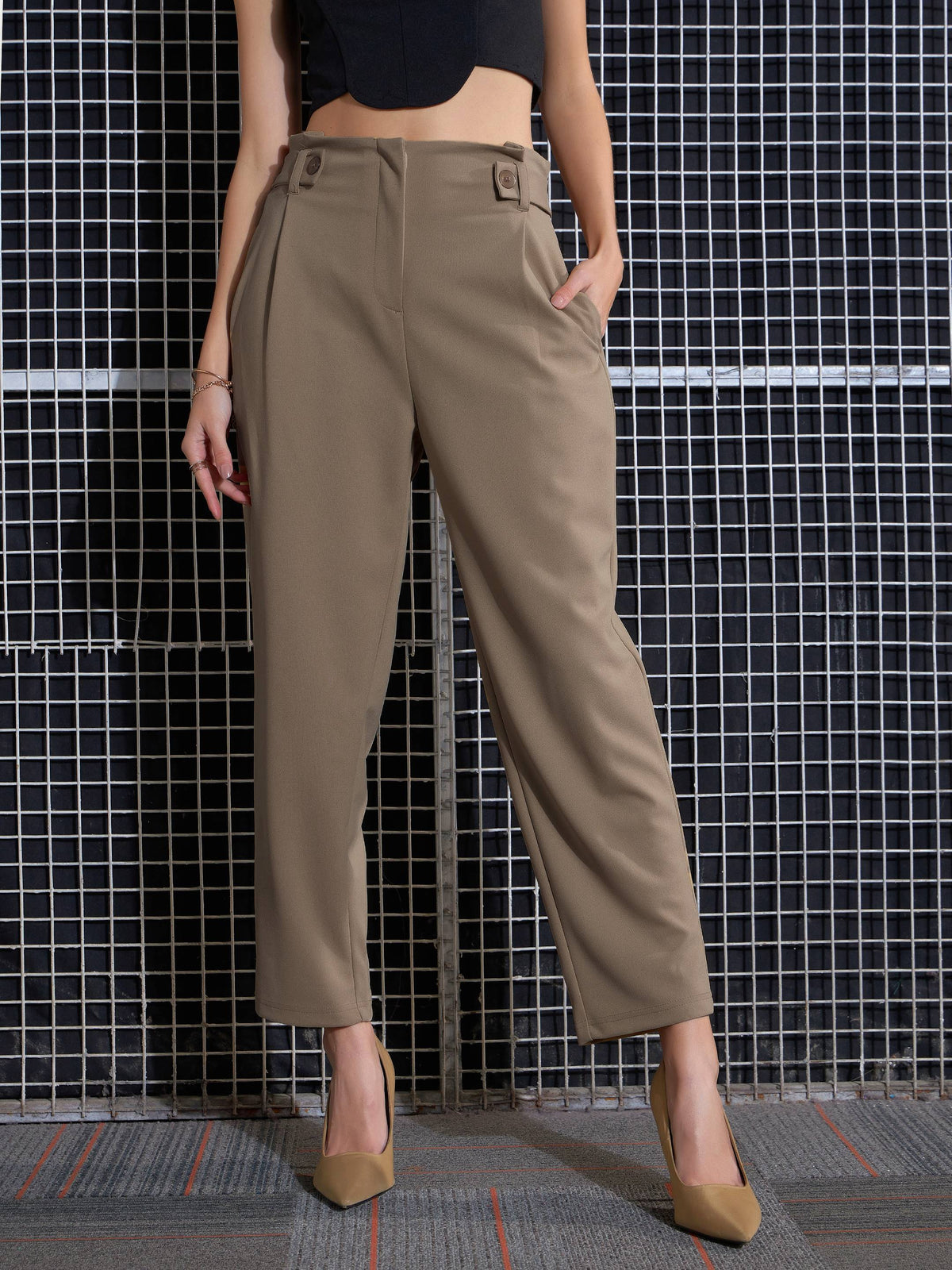 Beige Front Button Paperback Waist Pants-SASSAFRAS