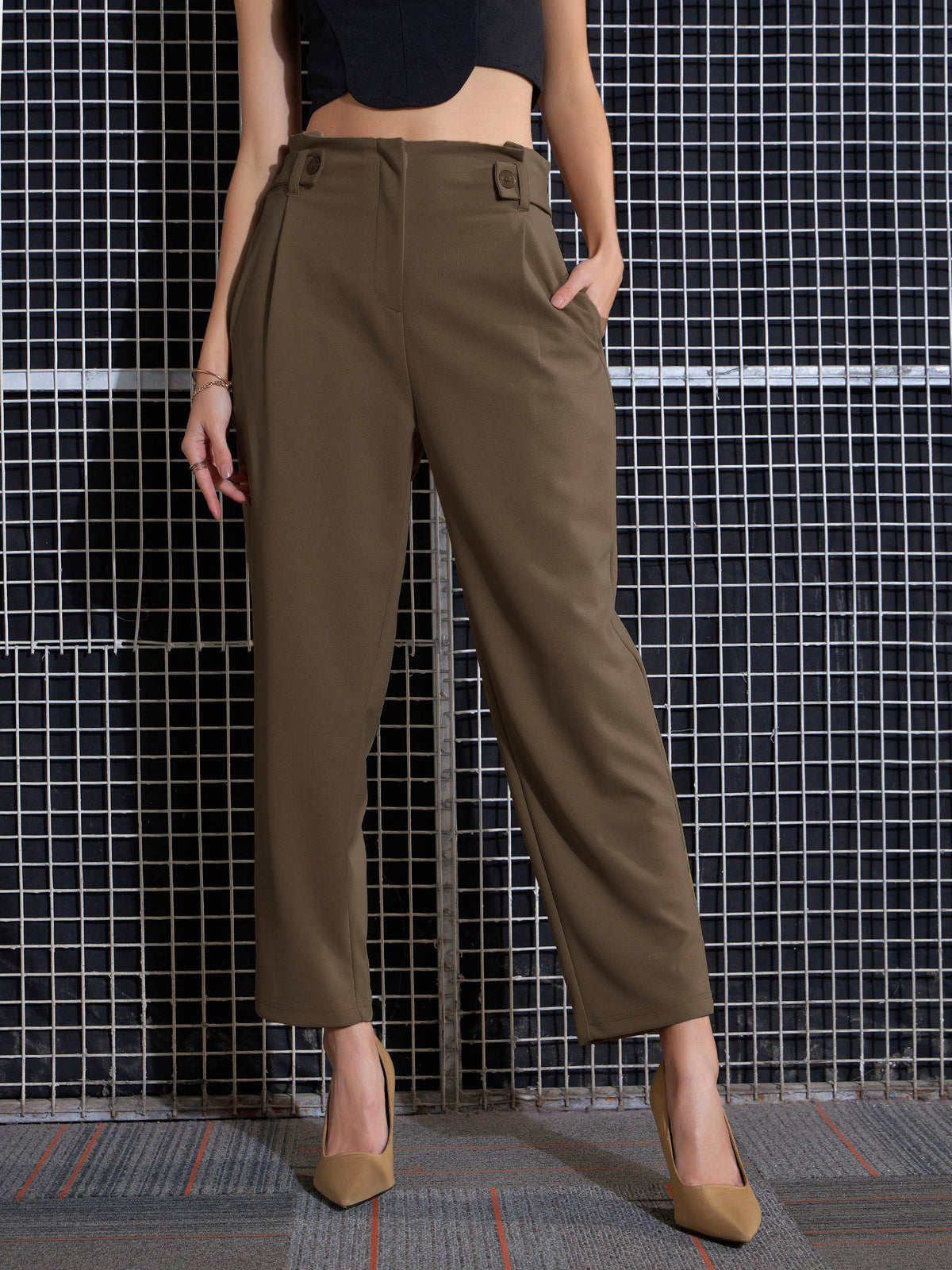 Women Beige Front Button Paperback Waist Pants